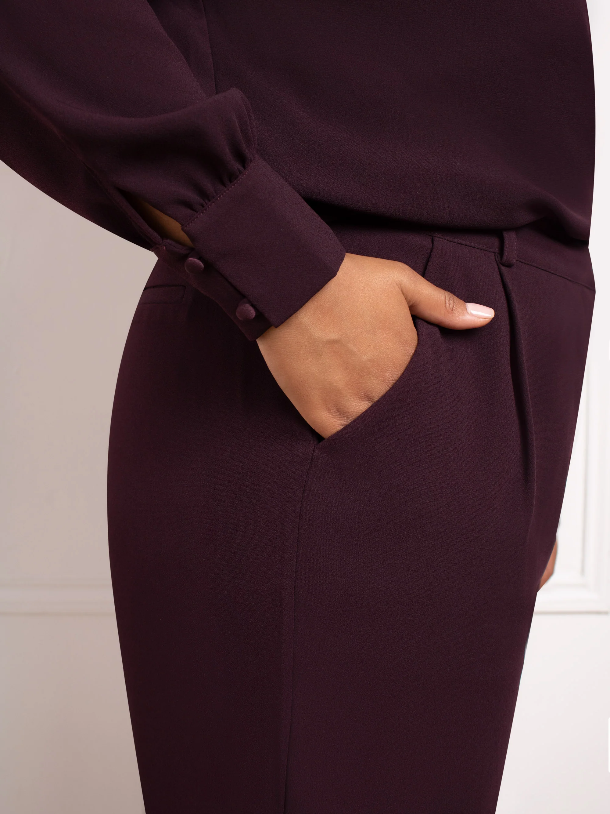 Aubergine Button Detail Wide Leg Trouser - Image 2