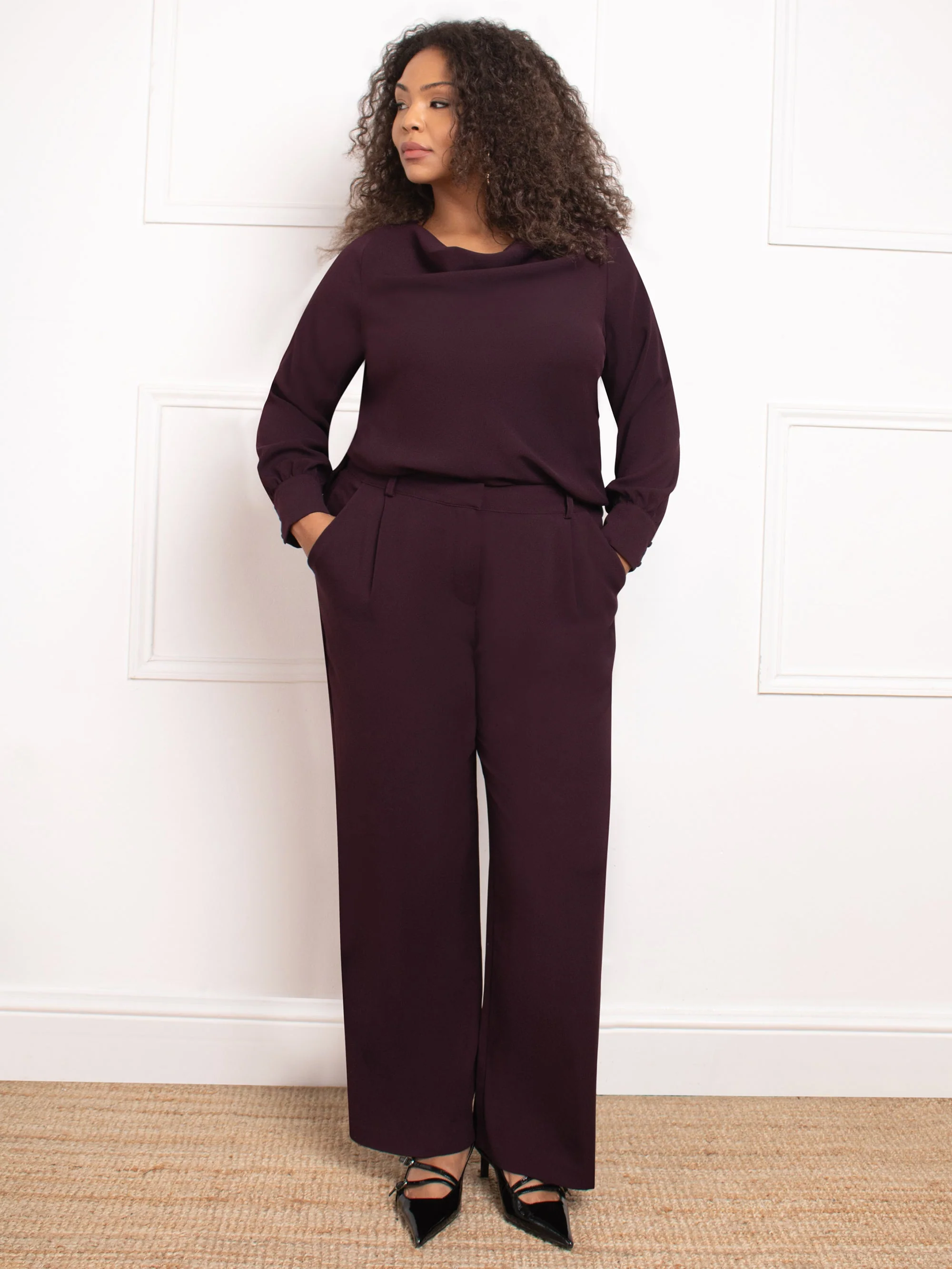 Aubergine Button Detail Wide Leg Trouser - Image 4