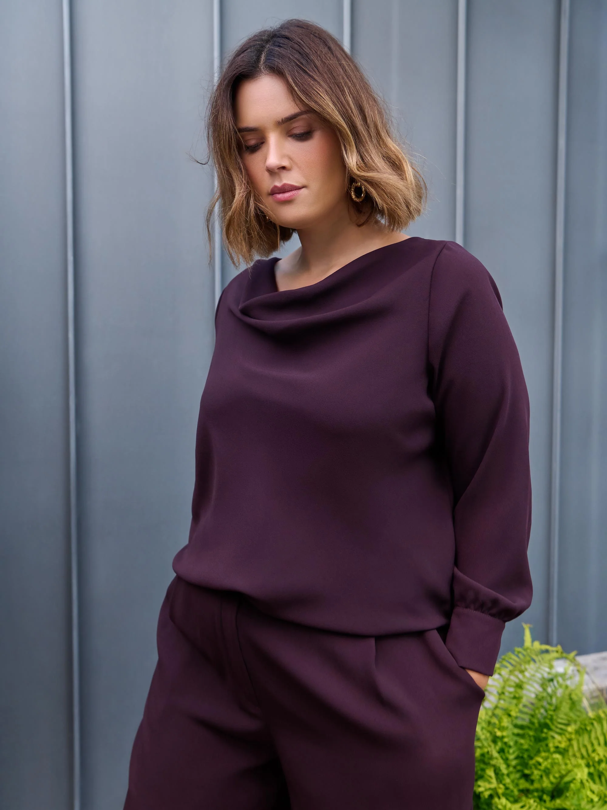 Aubergine Cowl Neck Long Sleeve Blouse - Image 2
