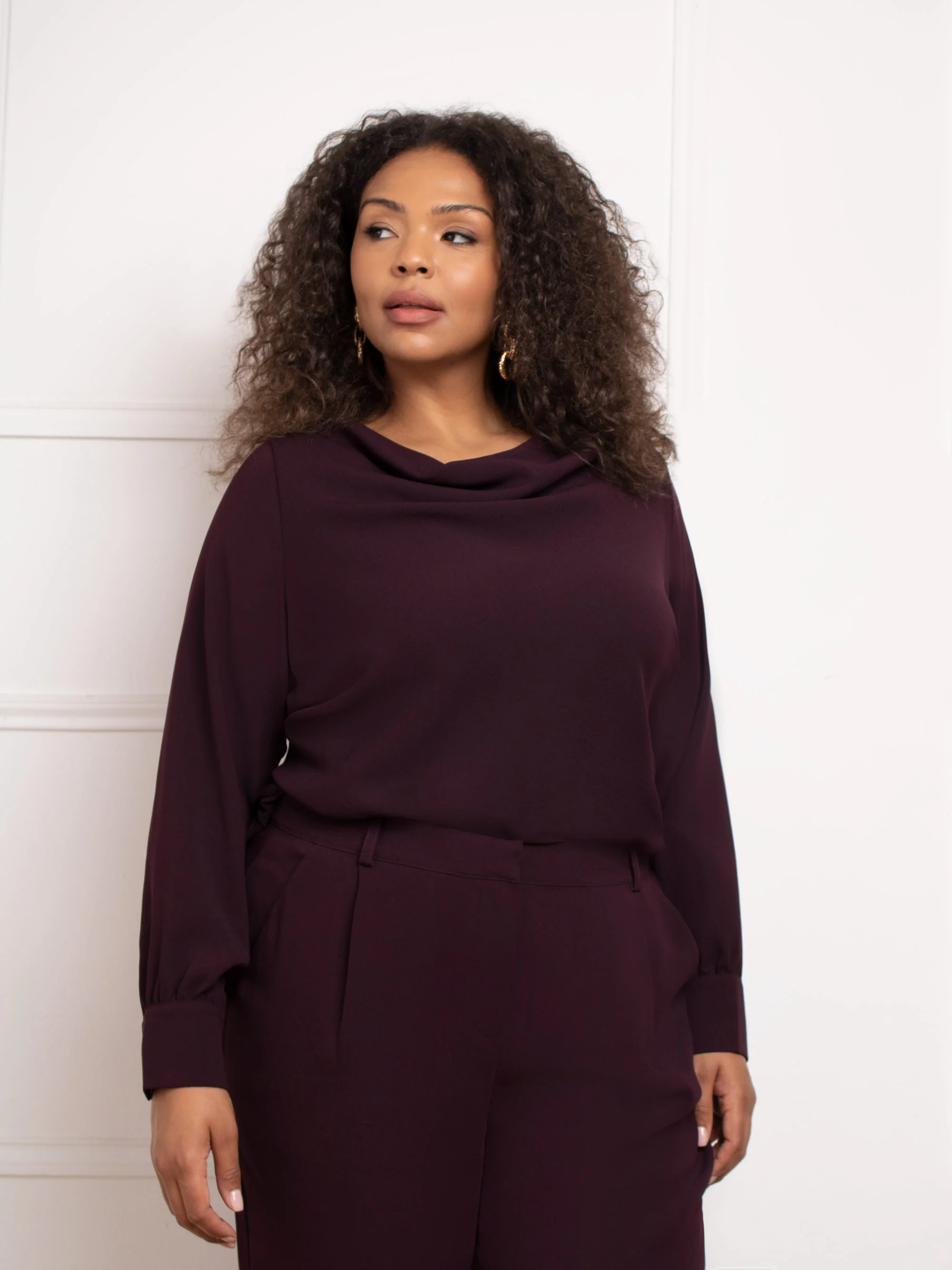 Aubergine Cowl Neck Long Sleeve Blouse - Image 3