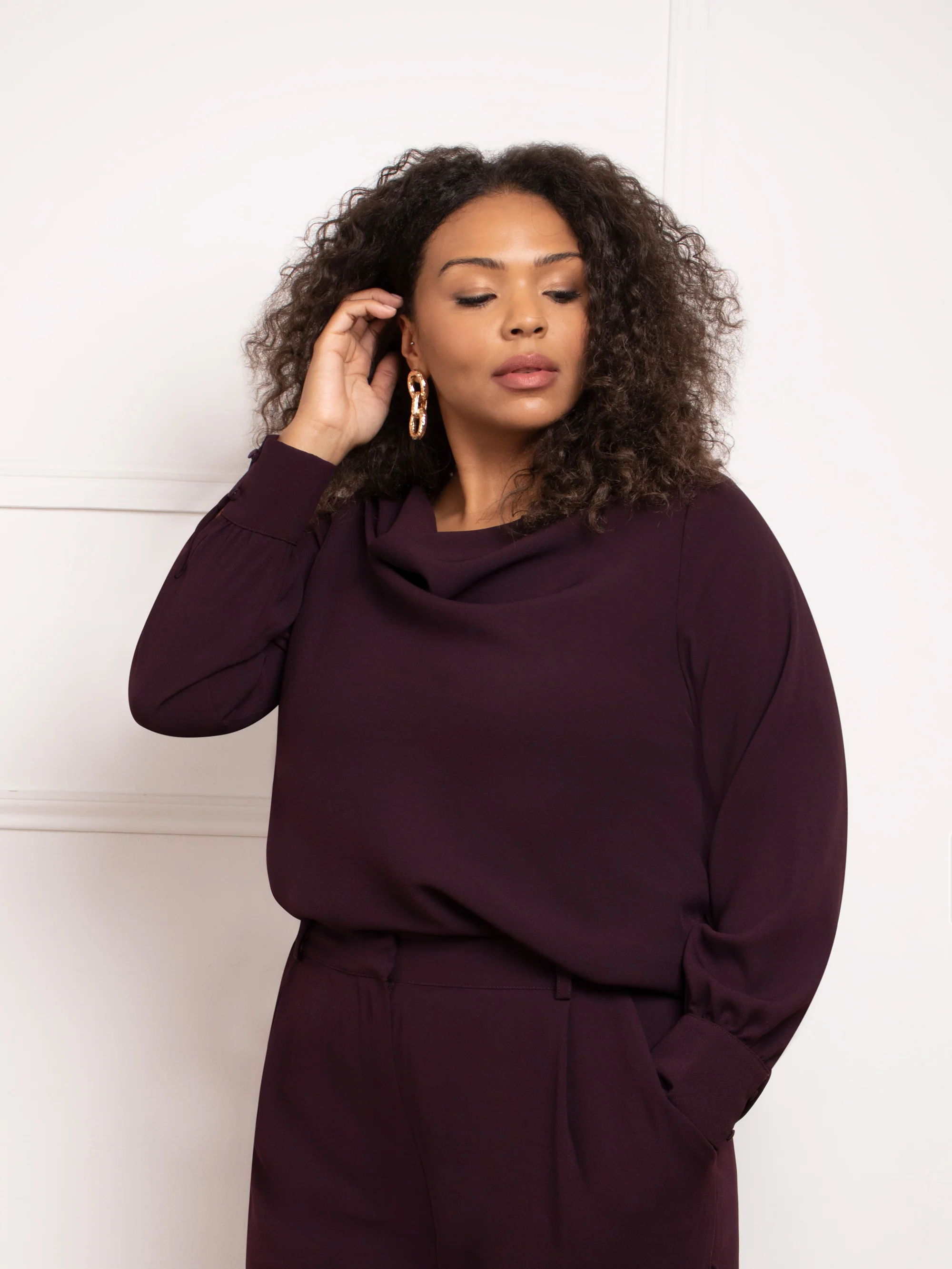 Aubergine Cowl Neck Long Sleeve Blouse - Image 4