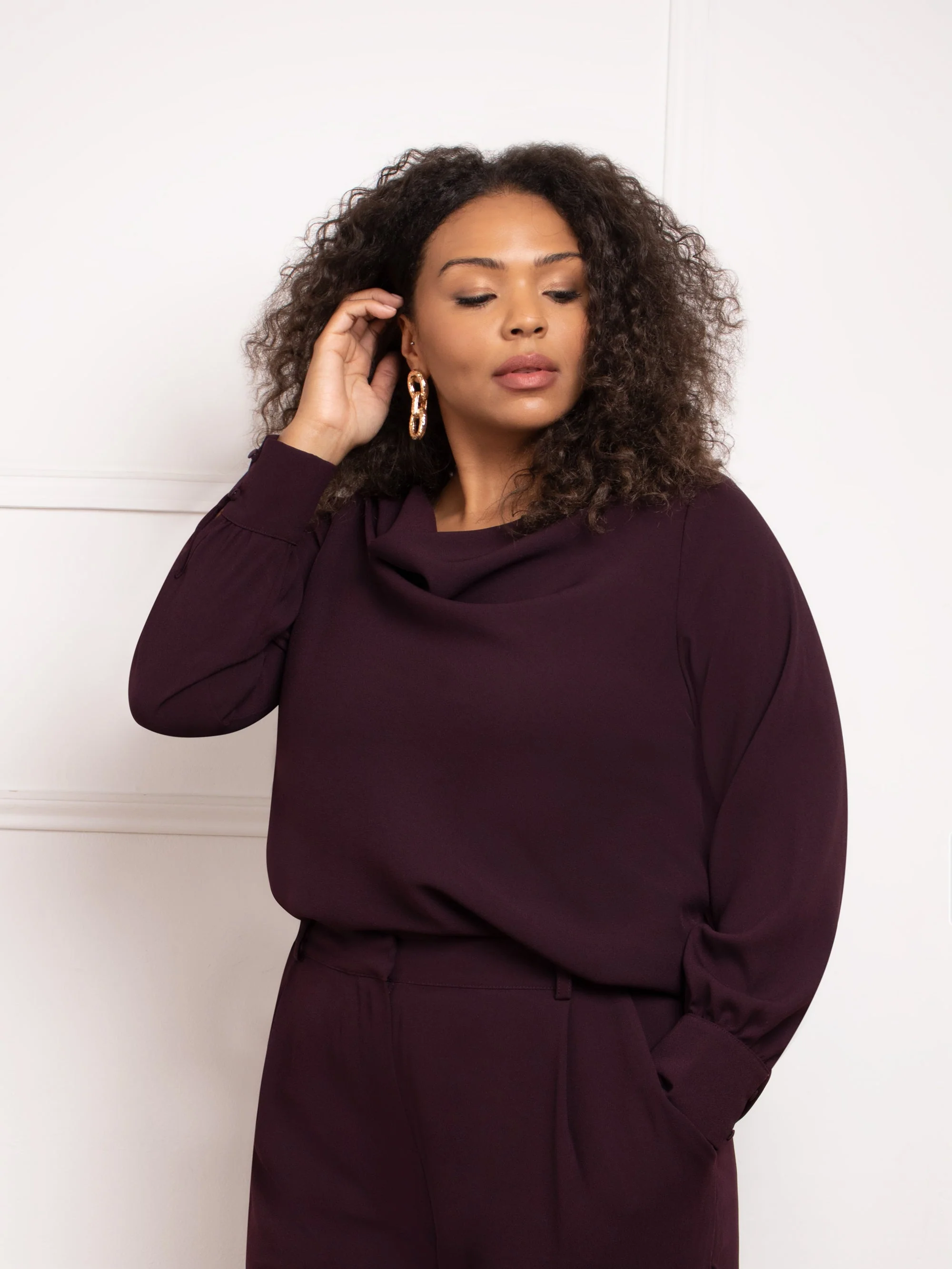 Aubergine Cowl Neck Long Sleeve Blouse - Image 7