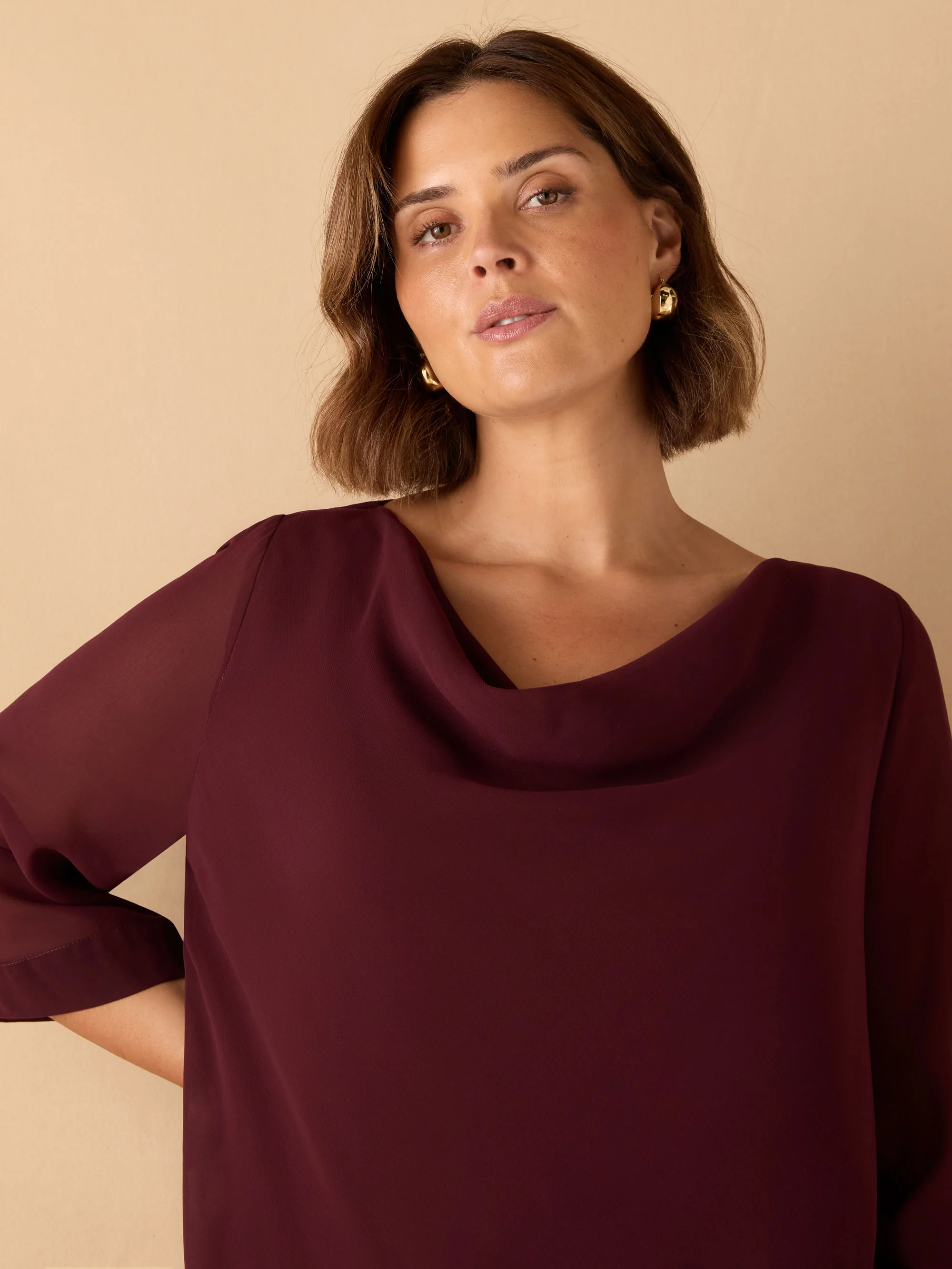 Burgundy Cowl Neck Overlay Top - Image 2