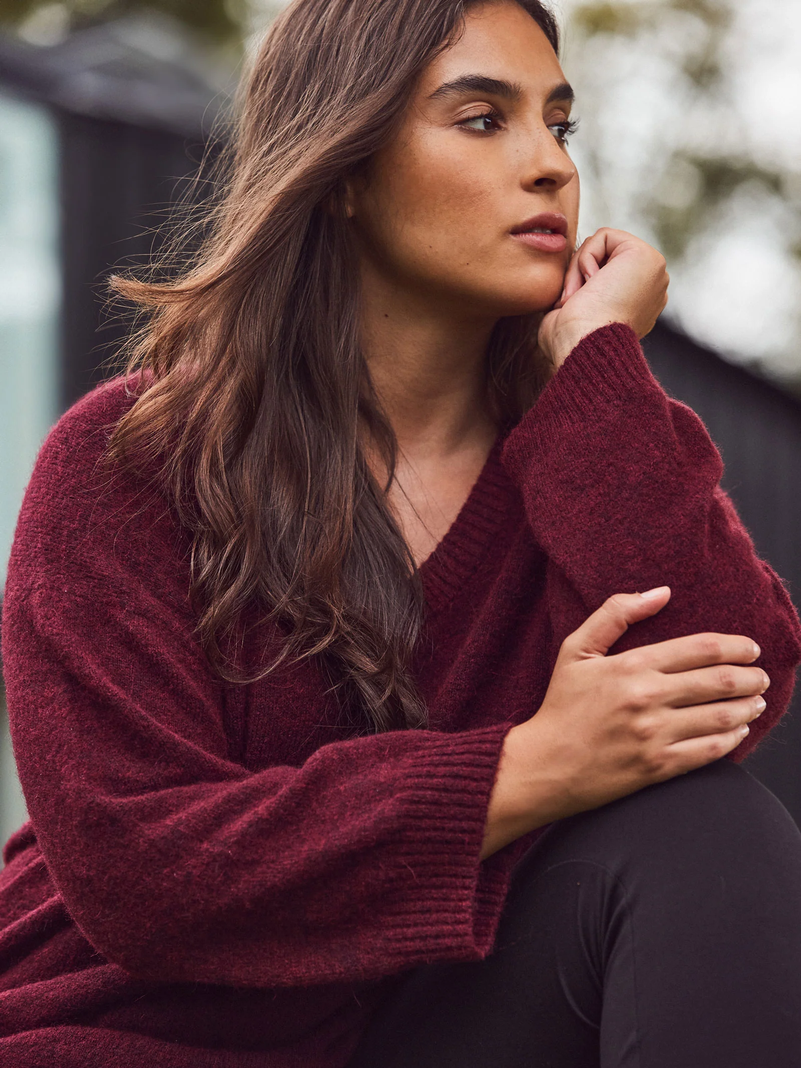 Burgundy V Neck Jumper With Wool and Alpaca - Image 3