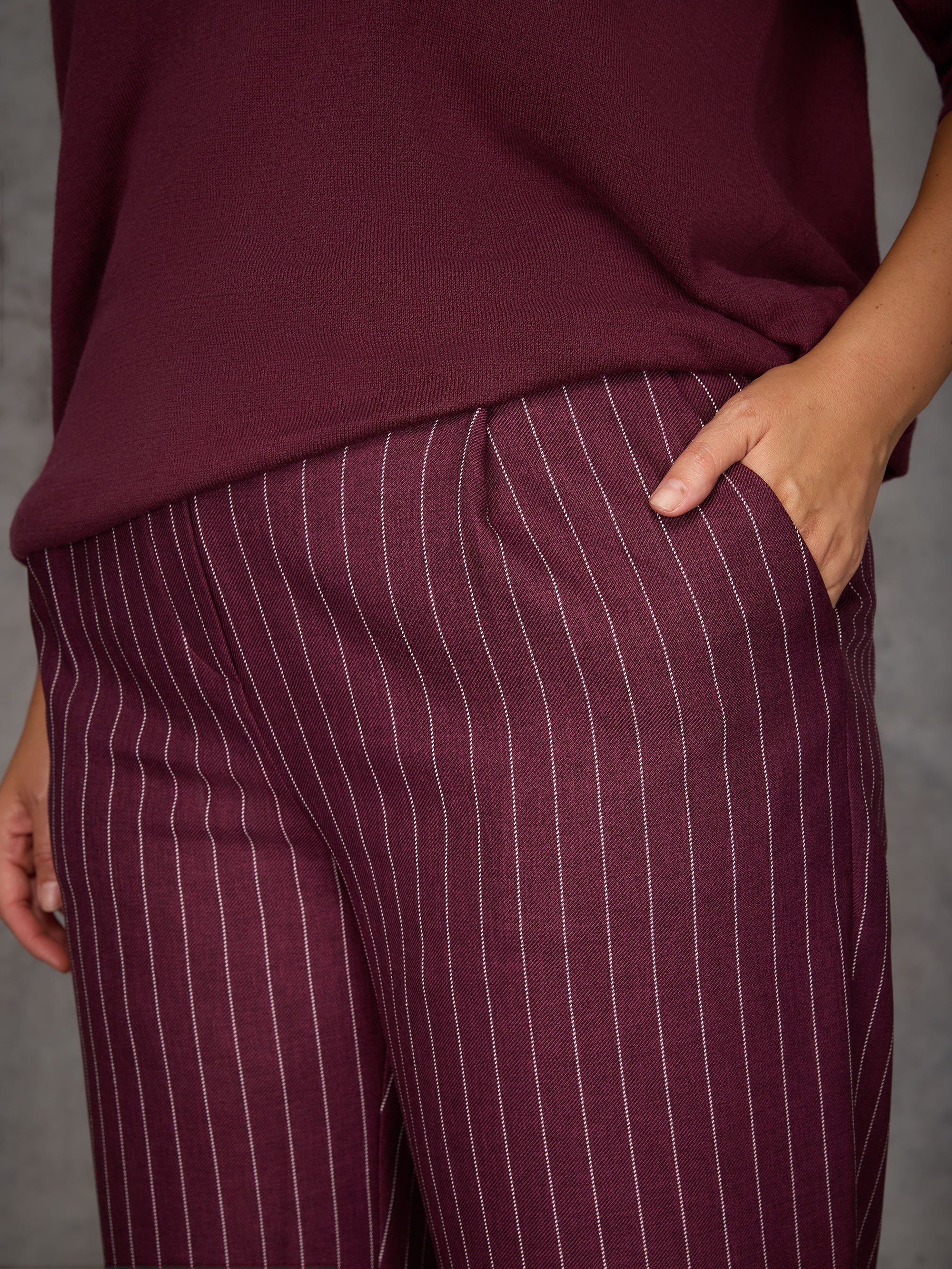 Burgundy Pinstripe Button Detail Wide Leg Trouser - Image 3