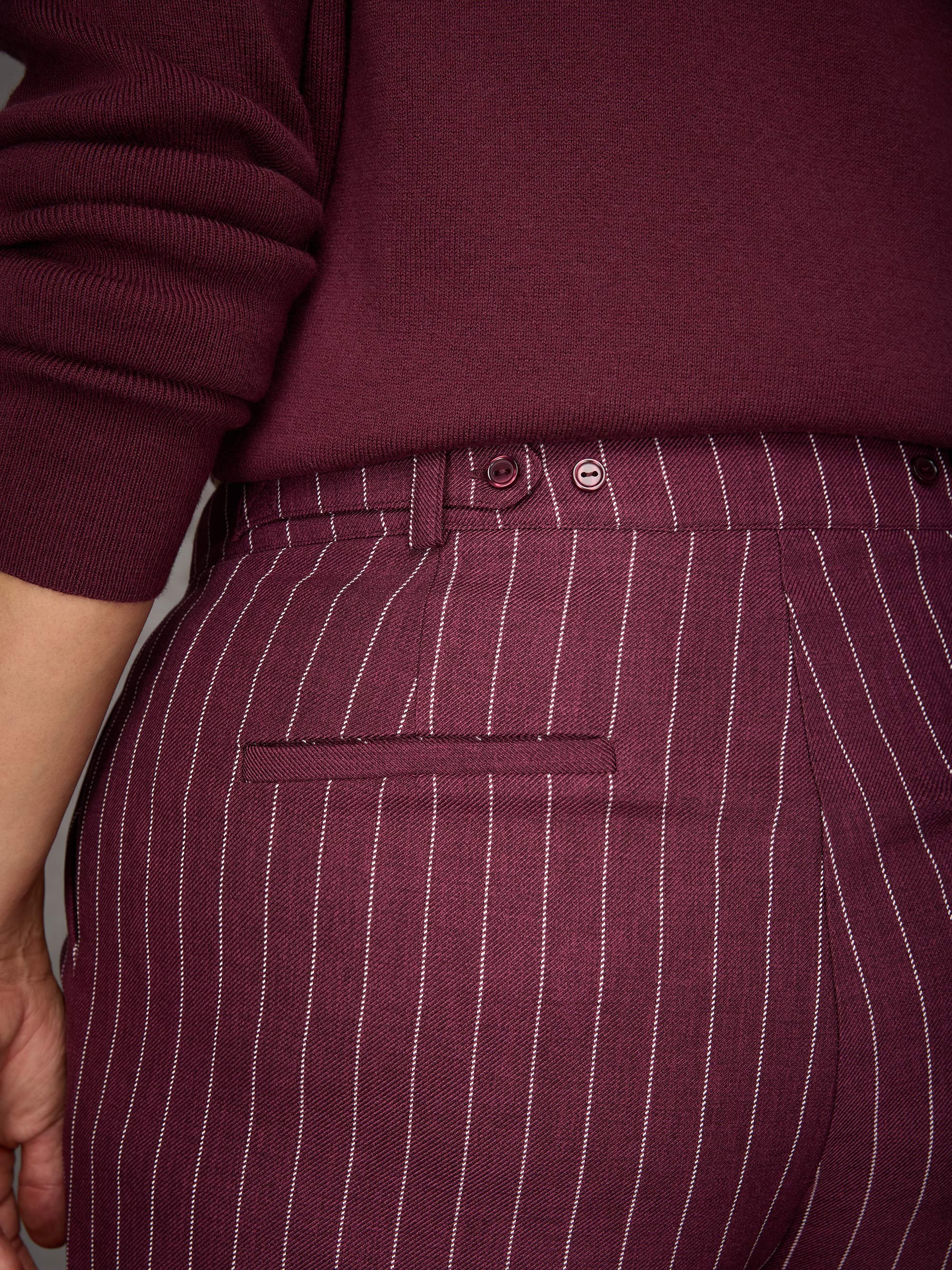 Burgundy Pinstripe Button Detail Wide Leg Trouser - Image 4