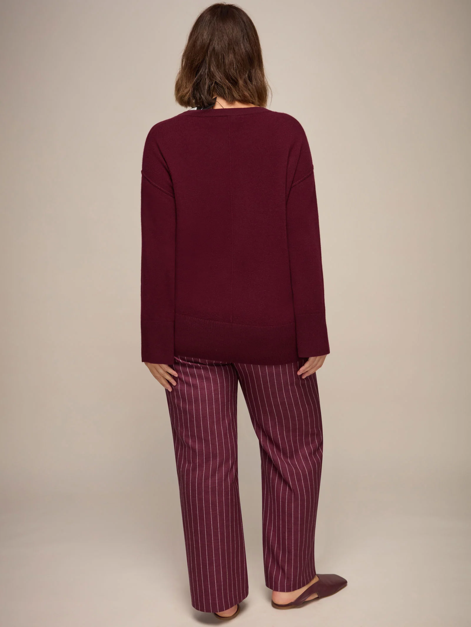 Burgundy Pinstripe Button Detail Wide Leg Trouser - Image 5