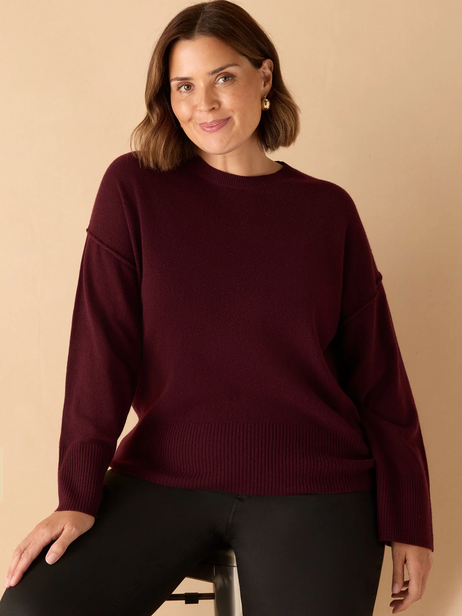 Burgundy Seam Detail Round Neck Knit Jumper - Image 2
