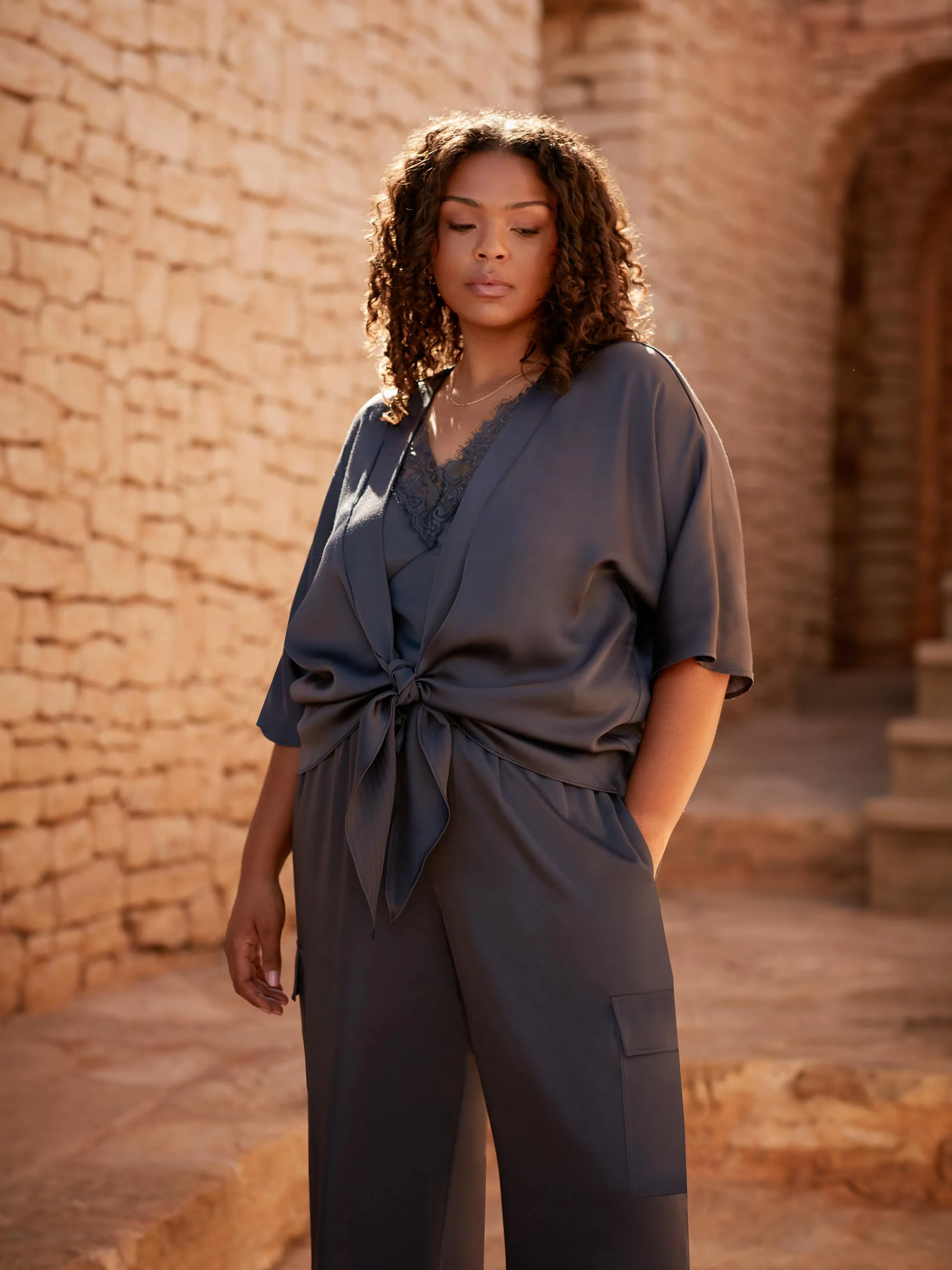 Charcoal Satin Tie Front Cover Up - Image 2