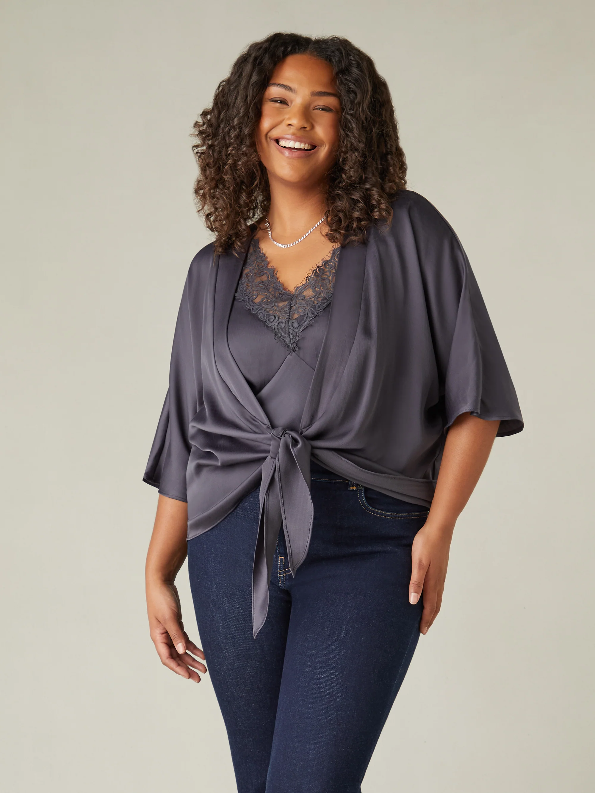 Charcoal Satin Tie Front Cover Up - Image 3