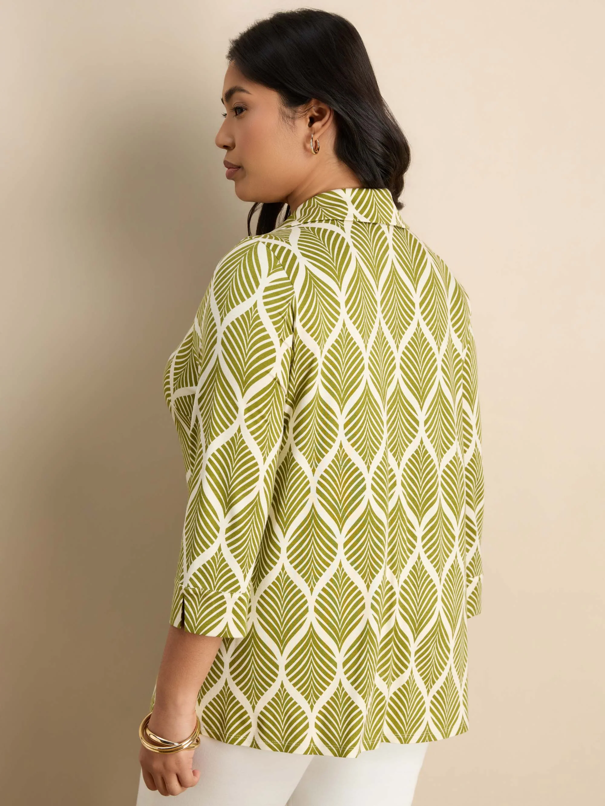 Chartreuse  Print 3/4 Sleeve Collared V-Neck Jersey Top - Image 4