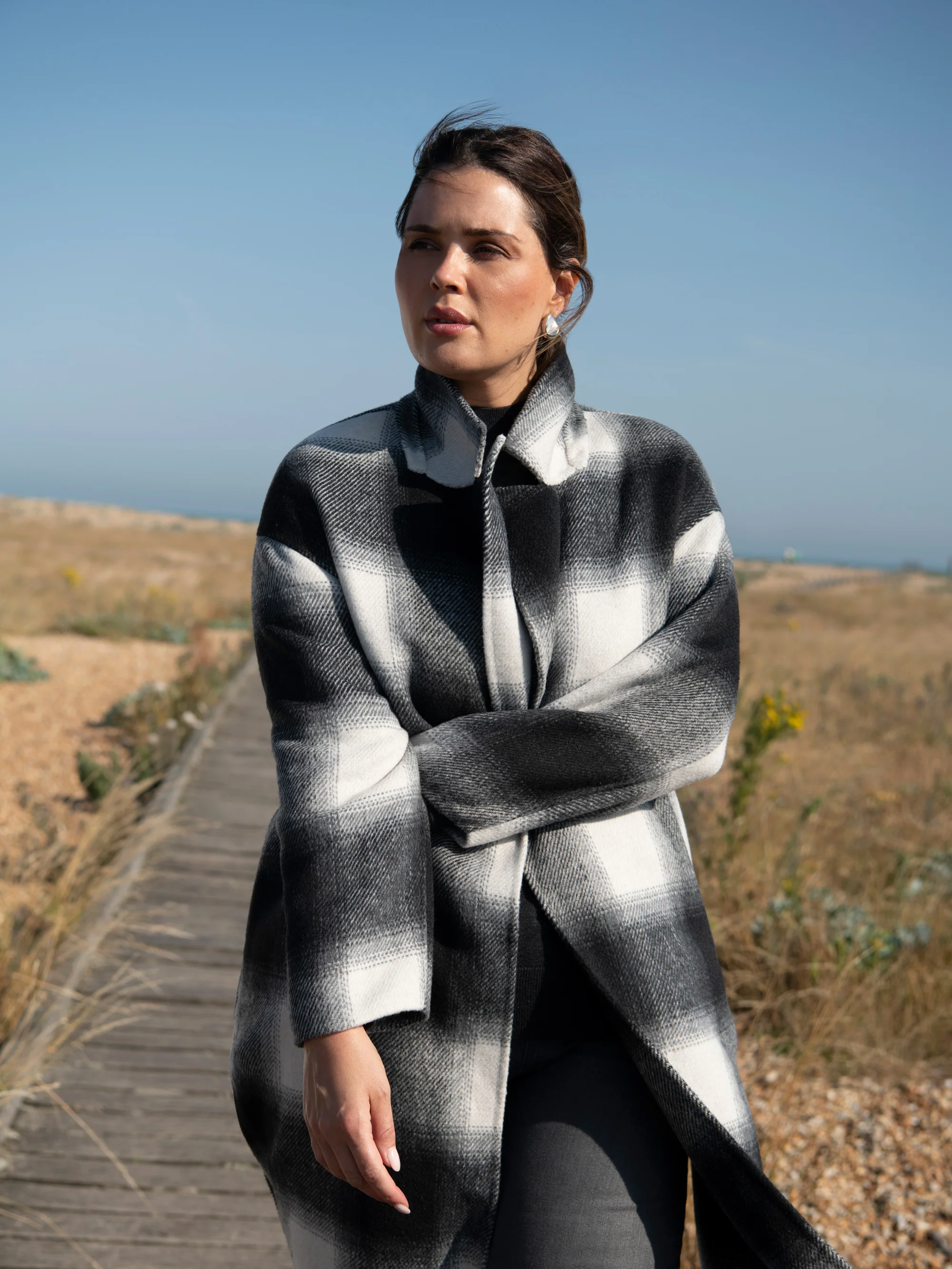 Check Wool Blend Double Faced Long Coat - Image 3