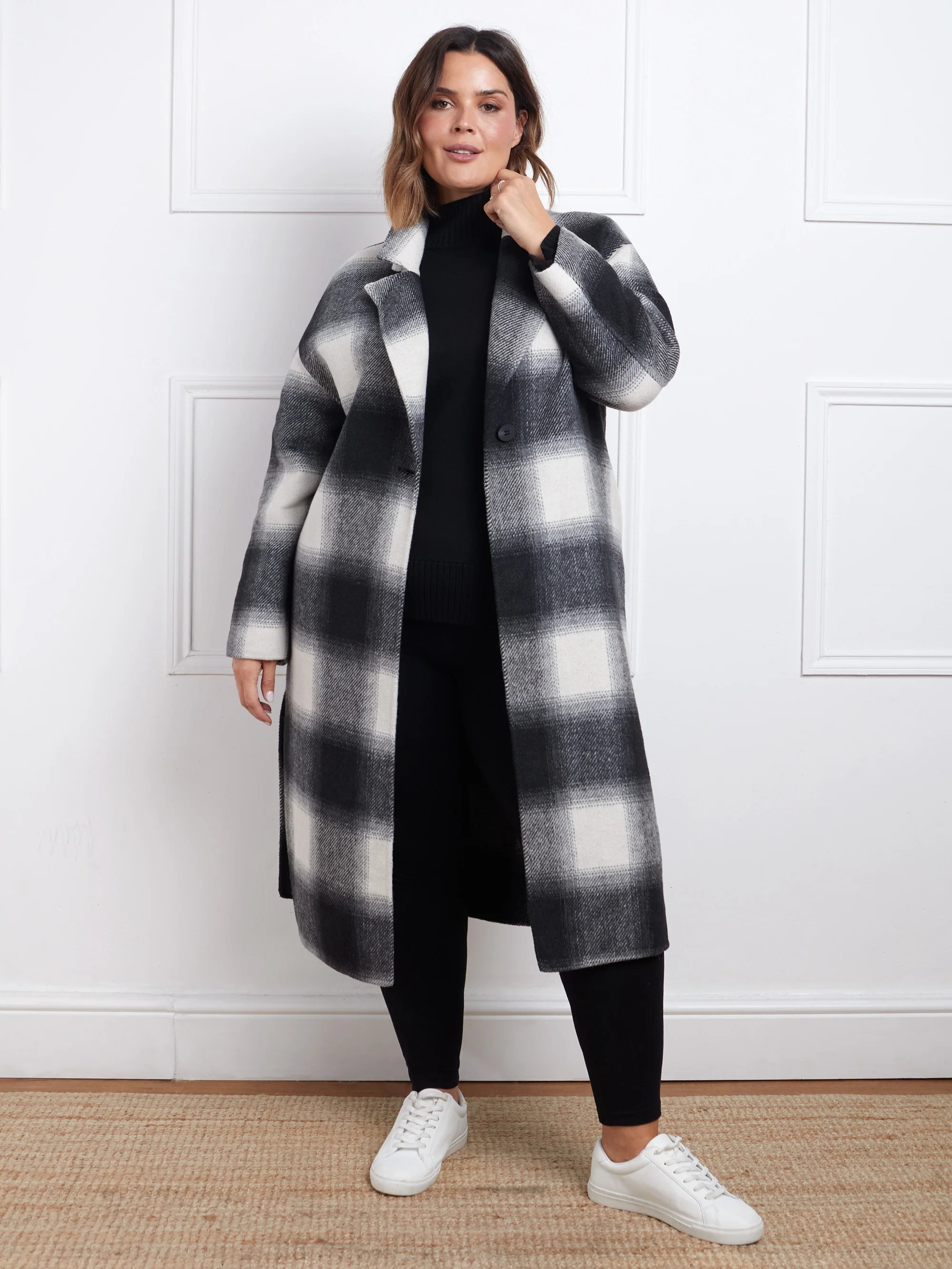 Check Wool Blend Double Faced Long Coat - Image 4