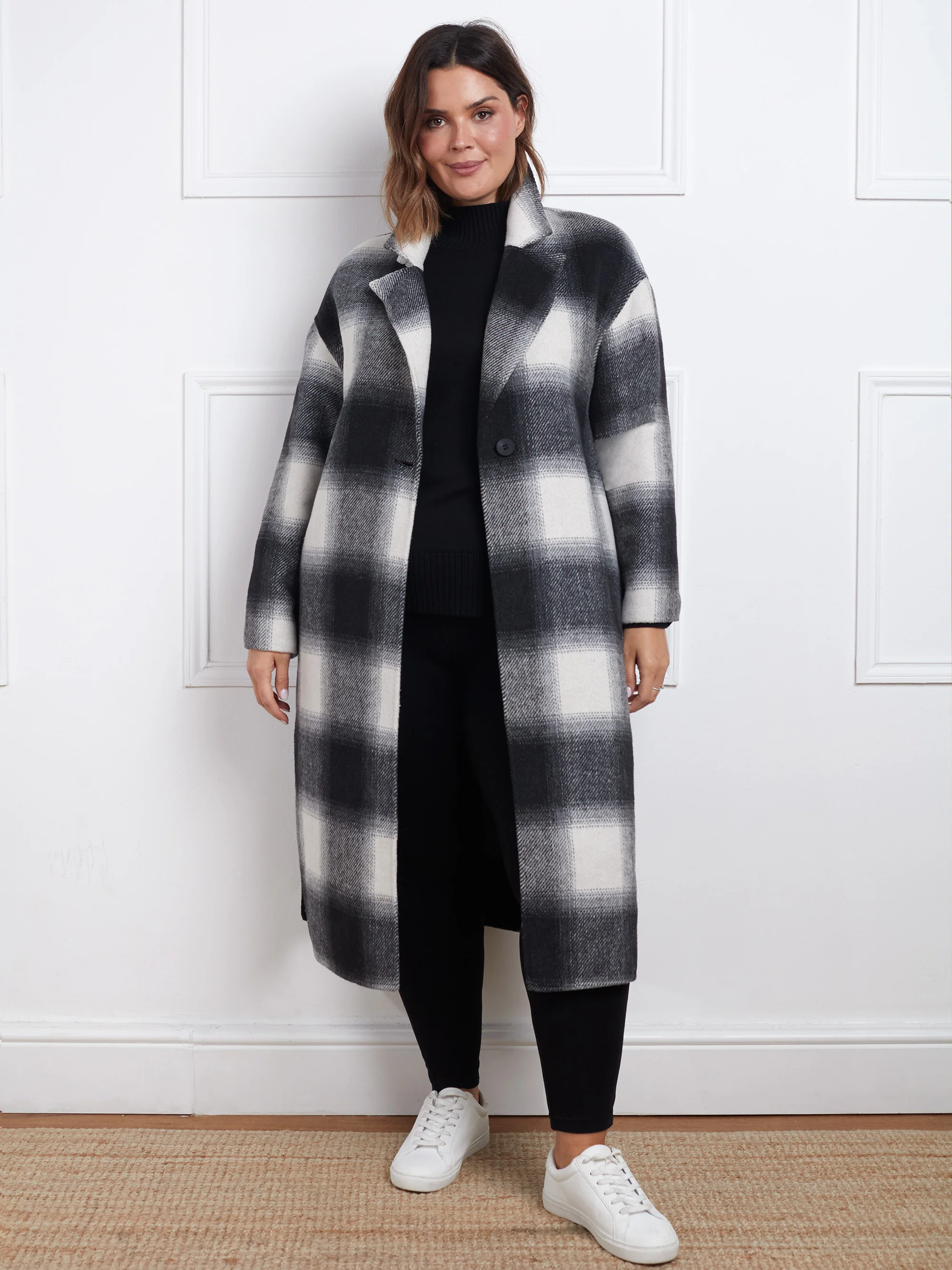 Check Wool Blend Double Faced Long Coat - Image 6