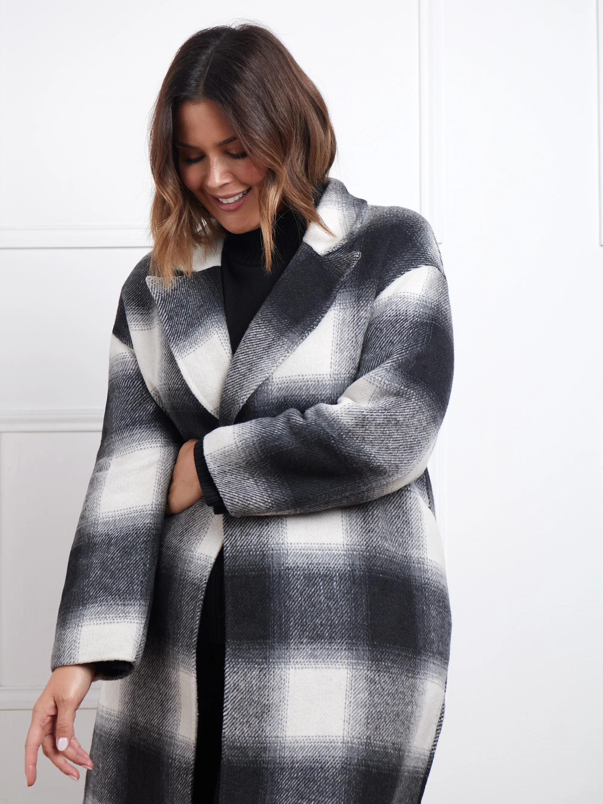Check Wool Blend Double Faced Long Coat - Image 7
