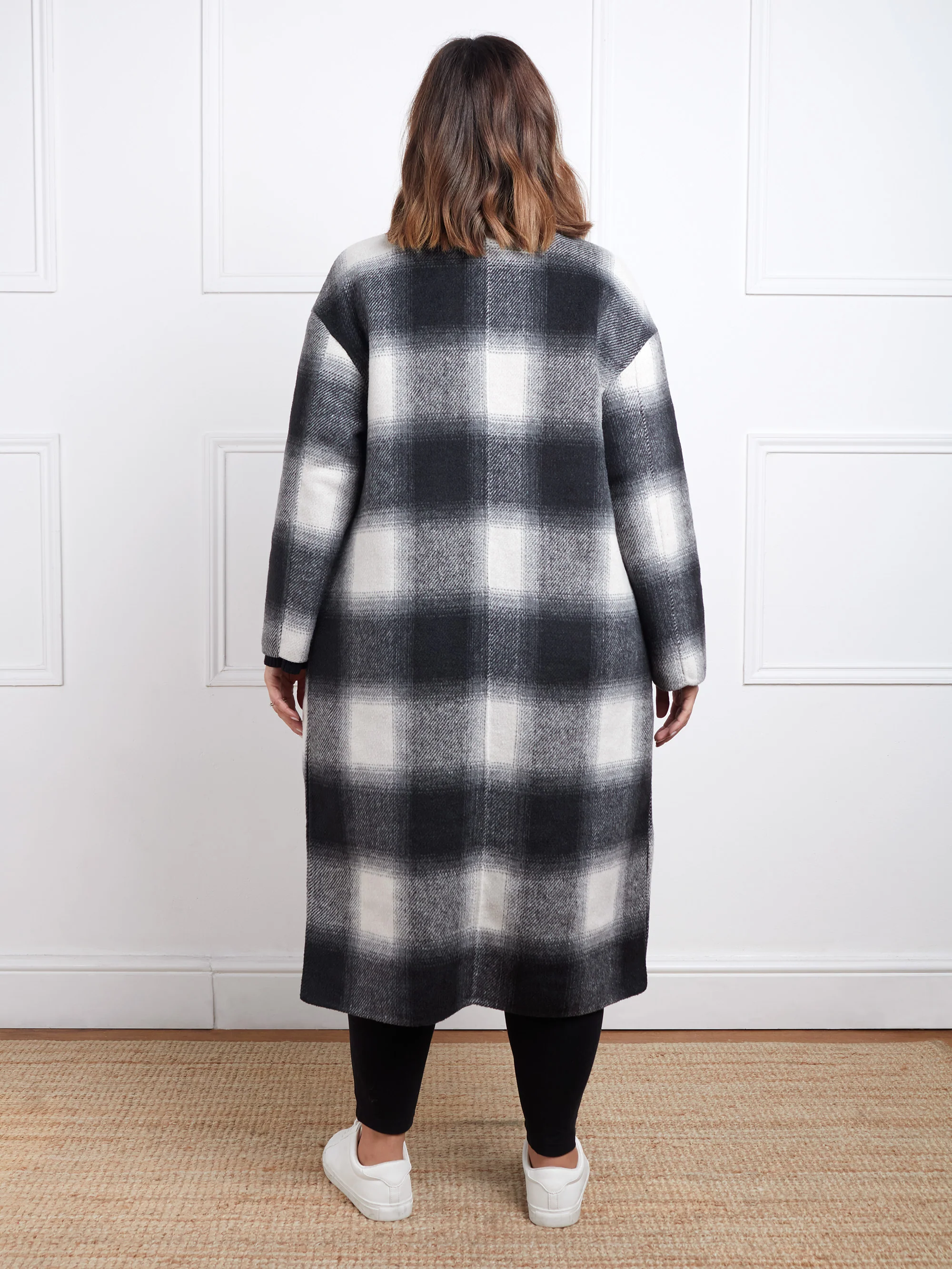 Check Wool Blend Double Faced Long Coat - Image 9