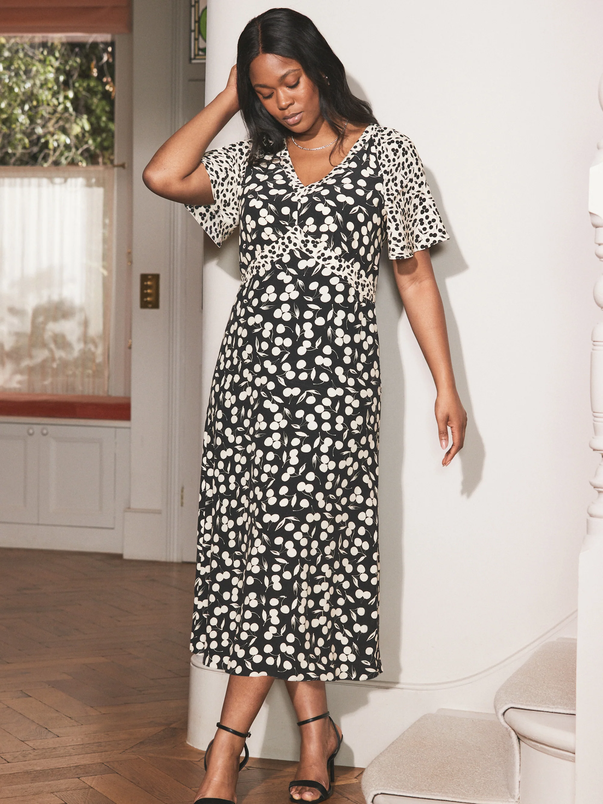 Cherry Mono Print V Neck Midaxi Dress - Image 2