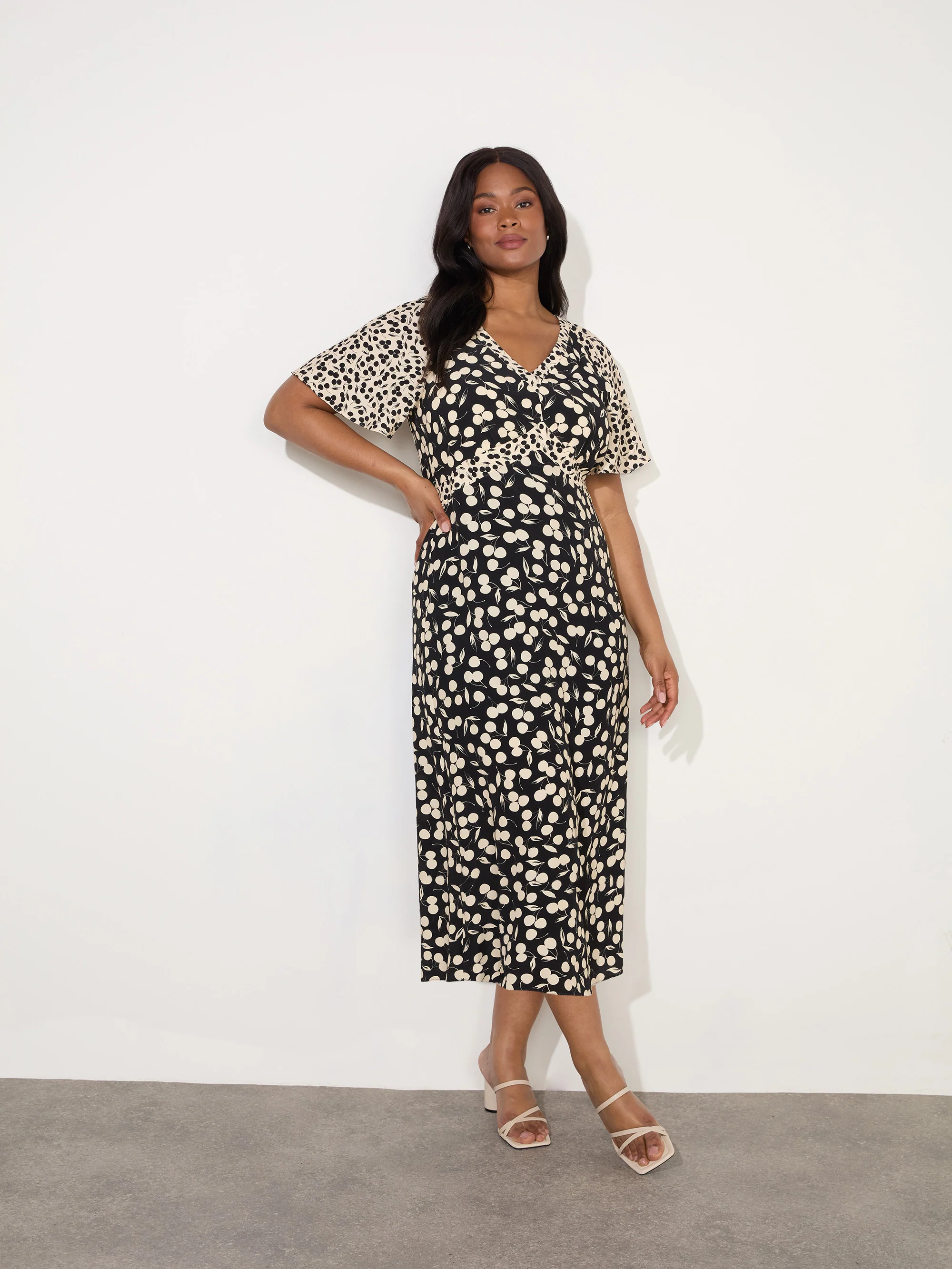 Cherry Mono Print V Neck Midaxi Dress - Image 3