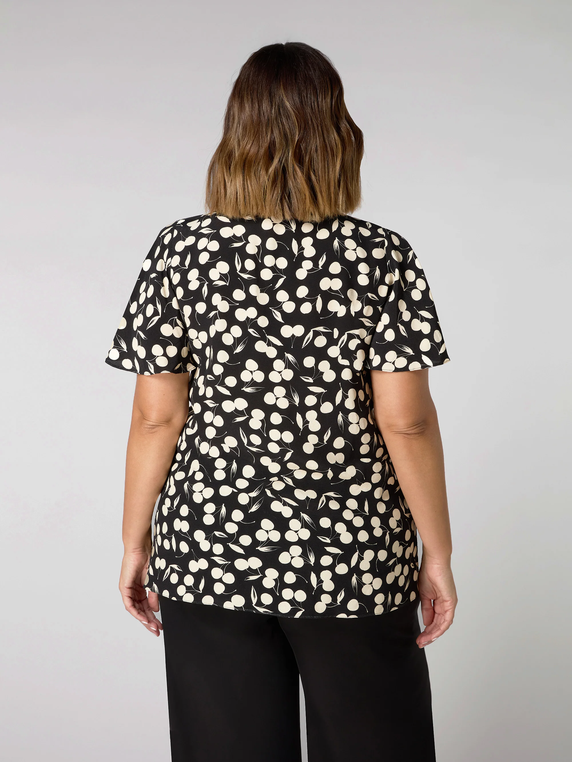 Cherry Print Ruched Flutter Sleeve Top - Image 3