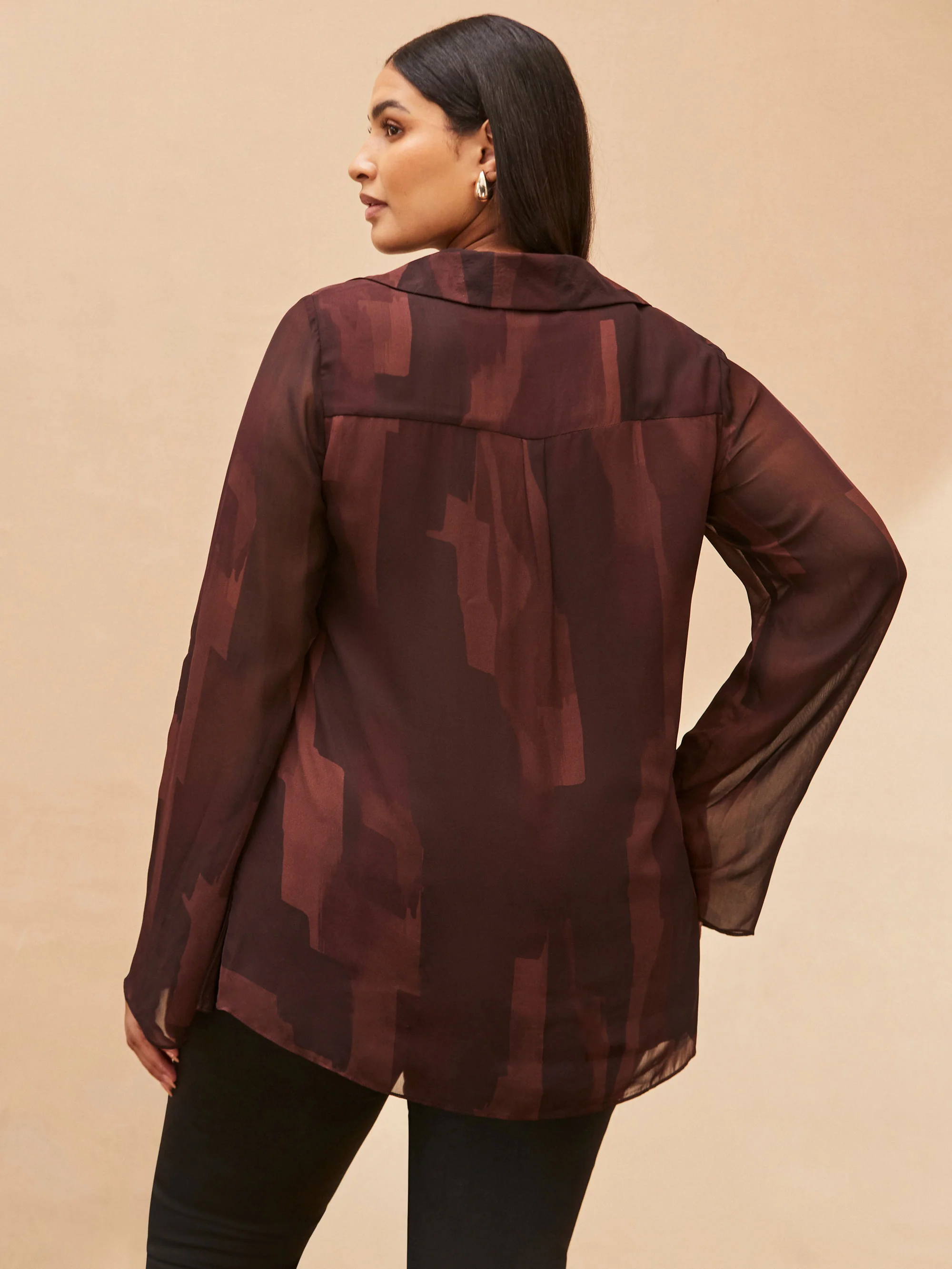 Chocolate Brown Abstract Print V Neck Collared Tunic - Image 4