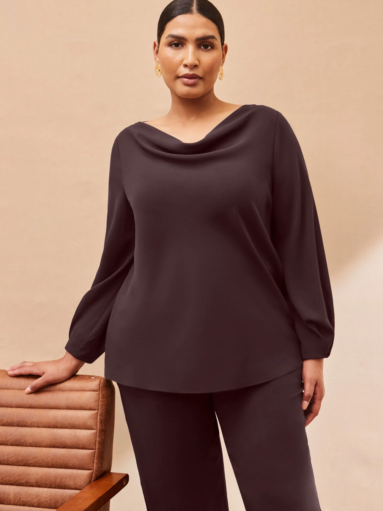 Chocolate Cowl Neck Blouson Sleeve Blouse - Image 3