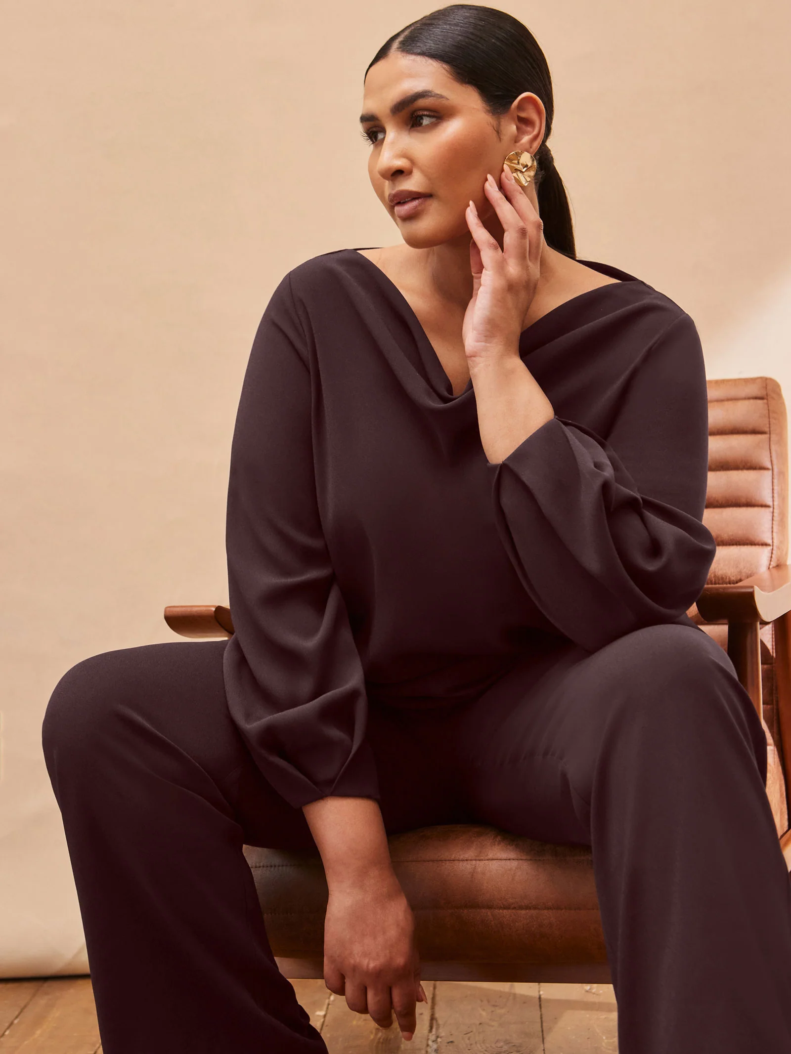 Chocolate Cowl Neck Blouson Sleeve Blouse - Image 4