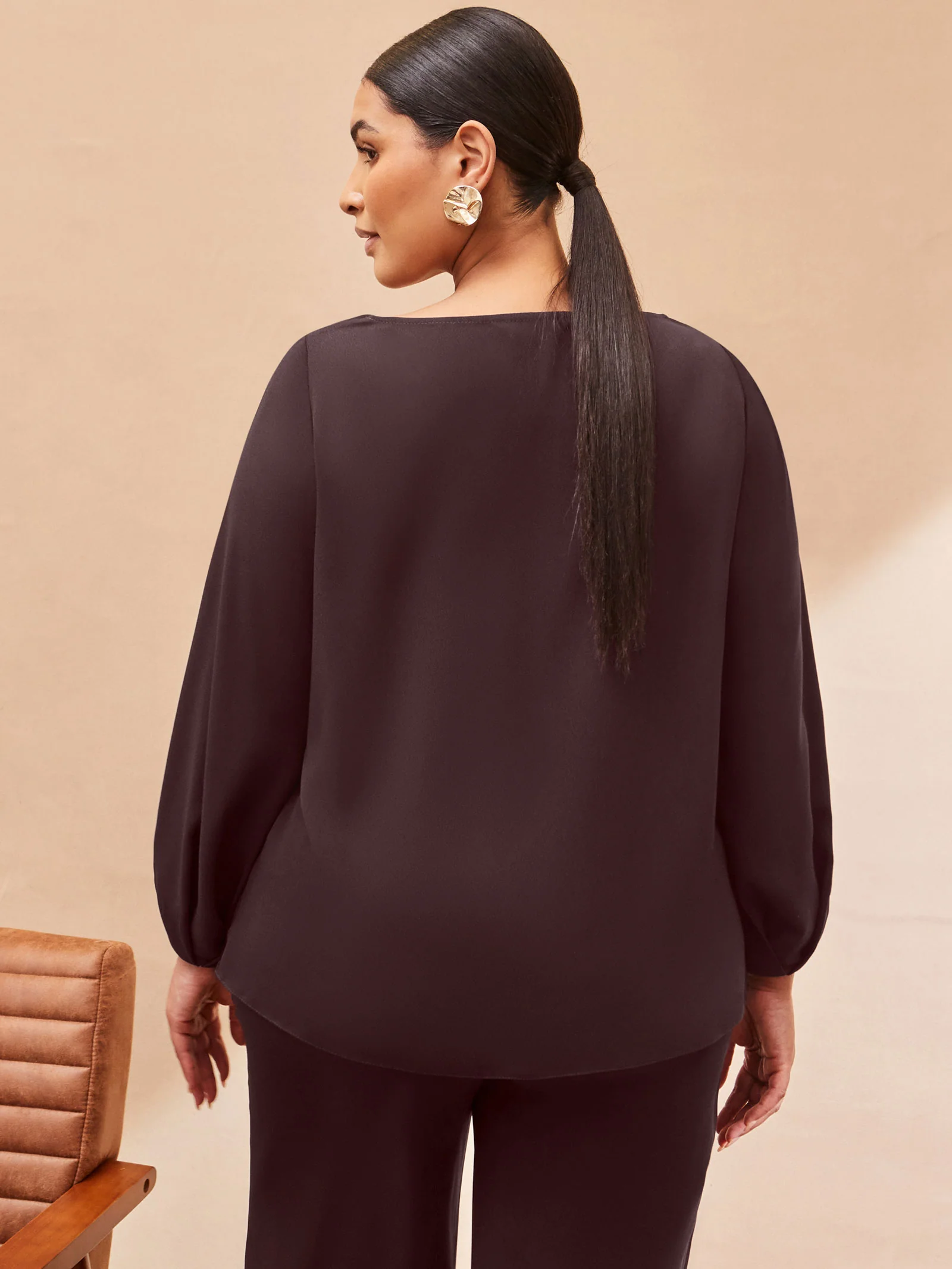 Chocolate Cowl Neck Blouson Sleeve Blouse - Image 5