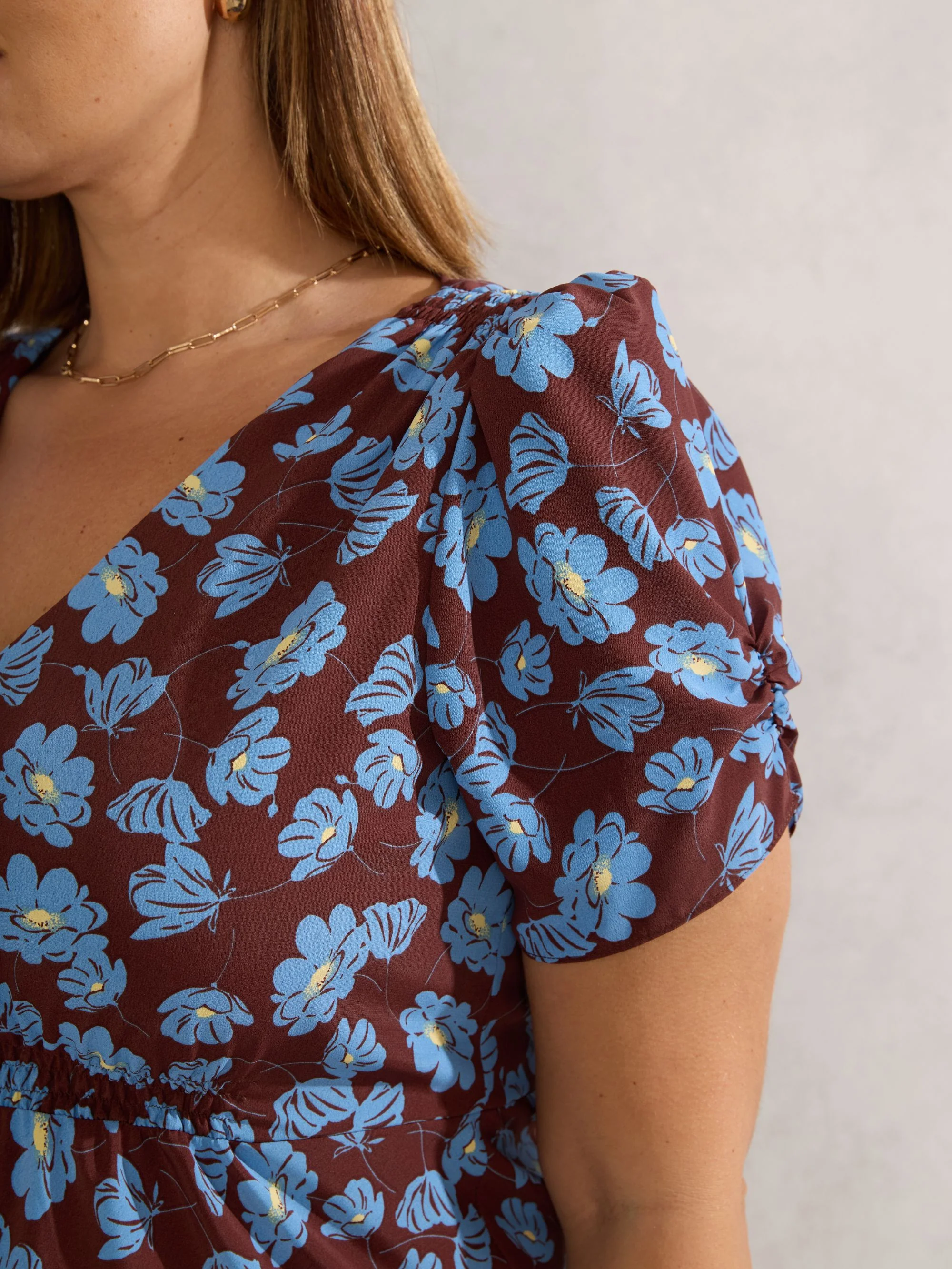 Chocolate Floral Print V Neck Shirred Dress - Image 2