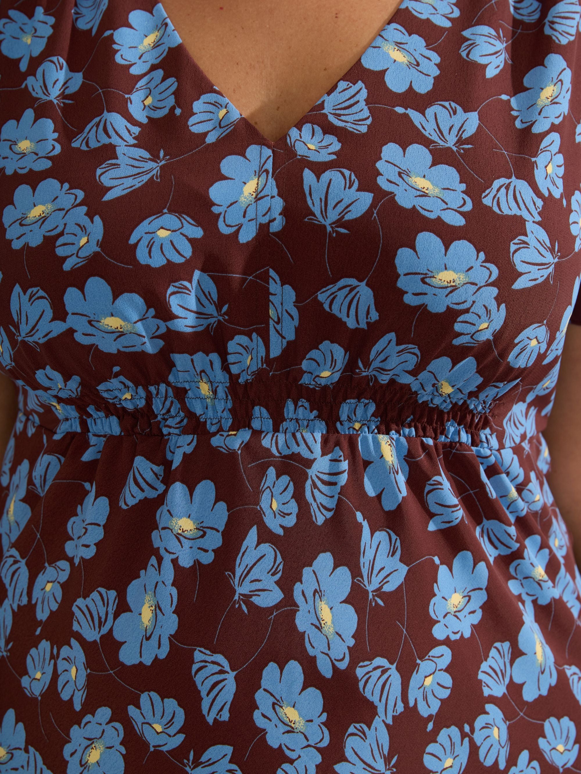 Chocolate Floral Print V Neck Shirred Dress - Image 3