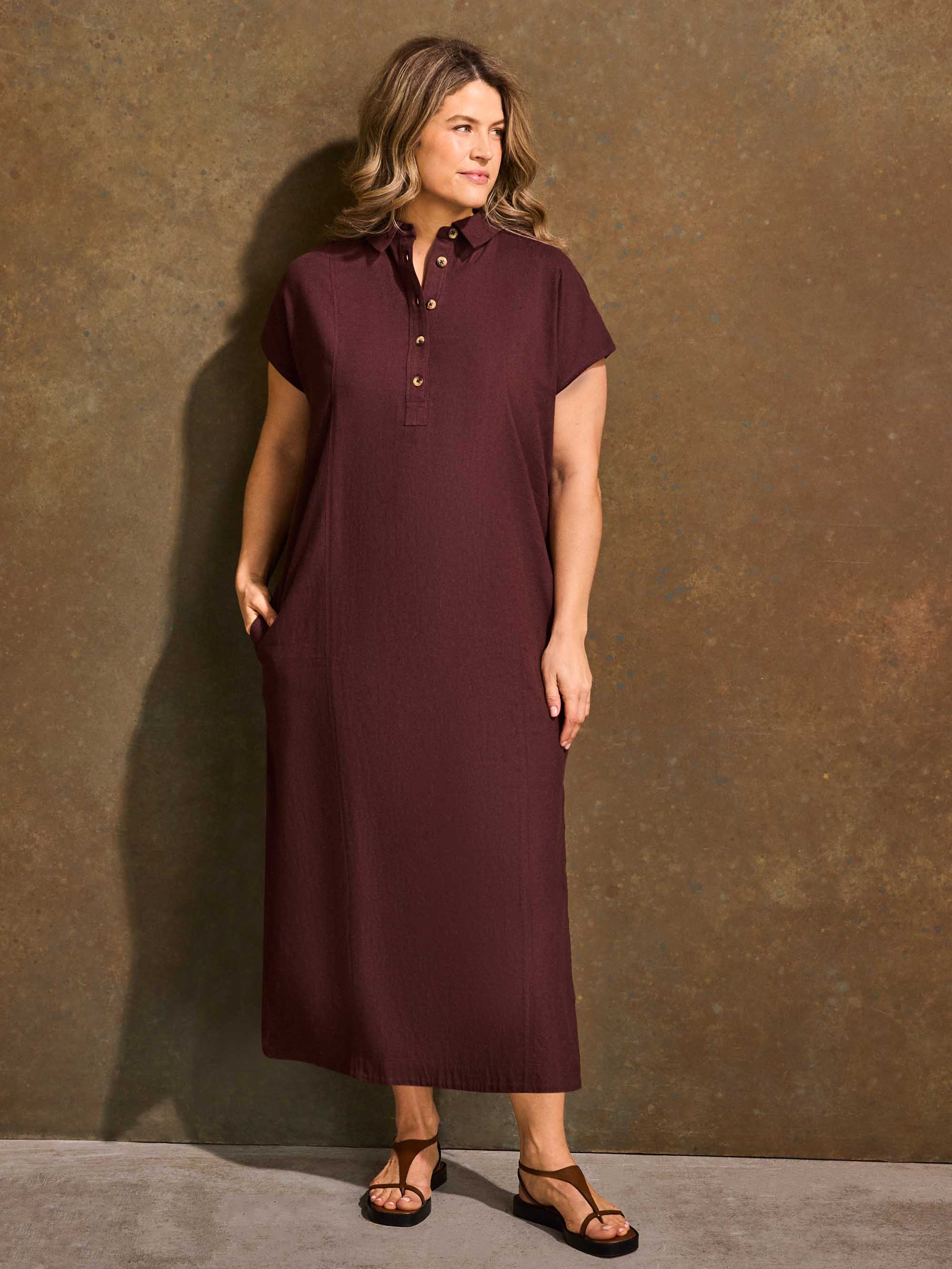 Chocolate Linen Blend Button Front Midaxi Shirt Dress - Image 2