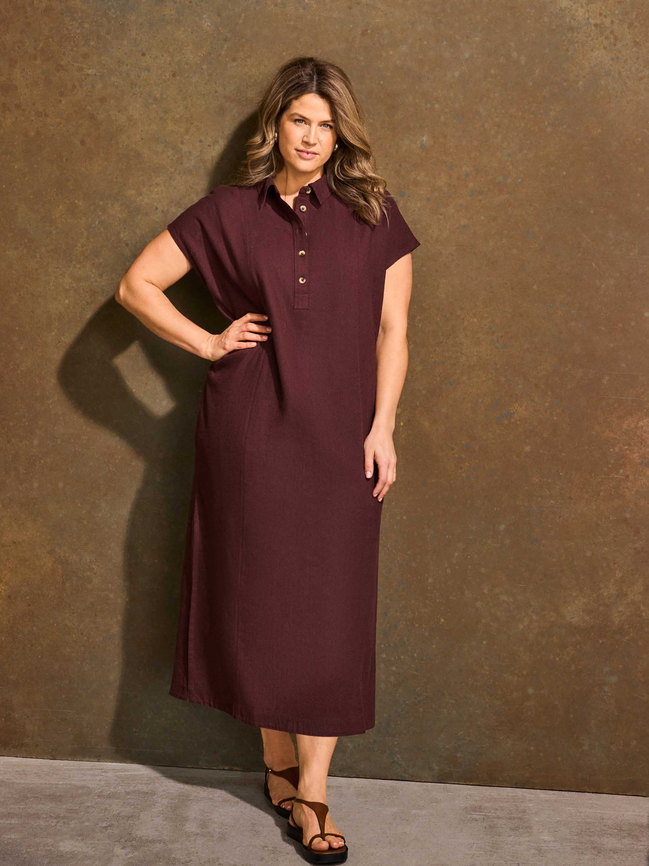Chocolate Linen Blend Button Front Midaxi Shirt Dress - Image 4