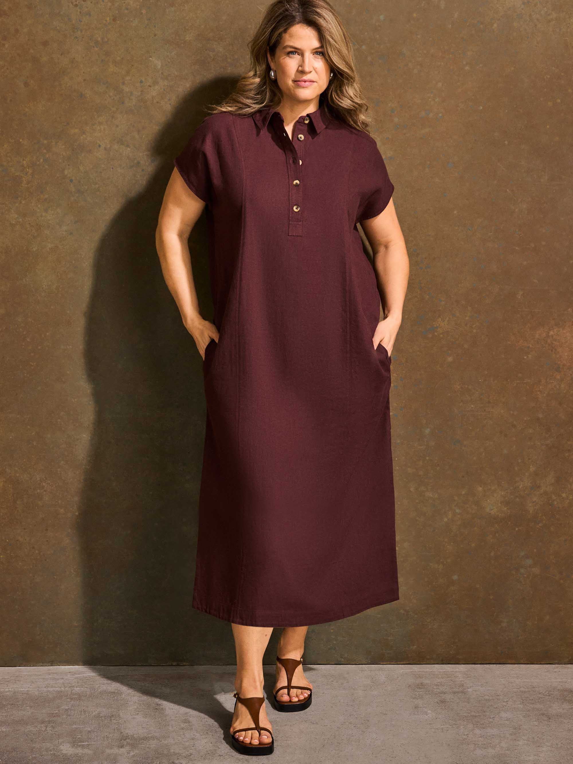 Chocolate Linen Blend Button Front Midaxi Shirt Dress - Image 5