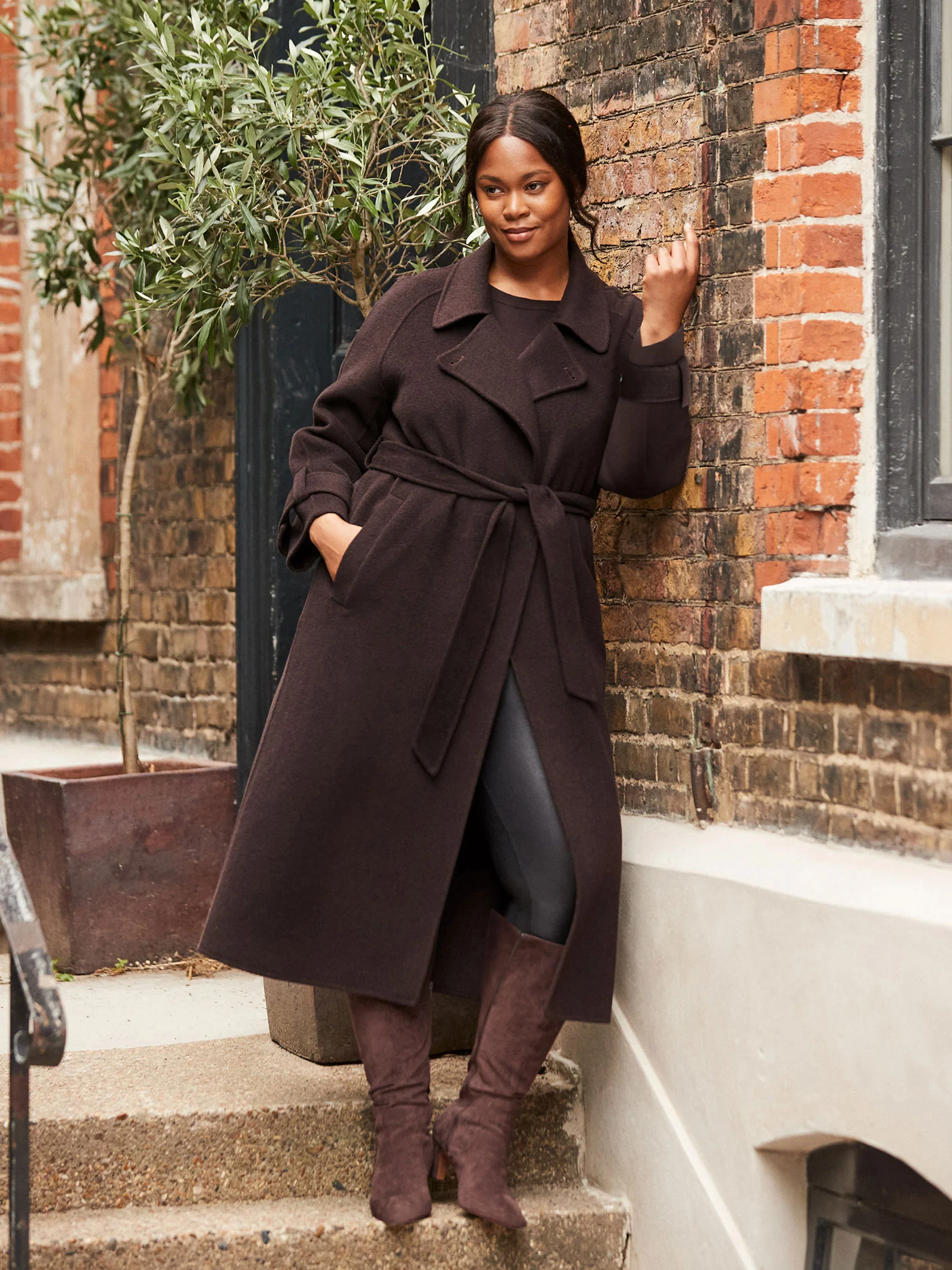 Chocolate Brown Wool Blend Belted Coat - Image 5