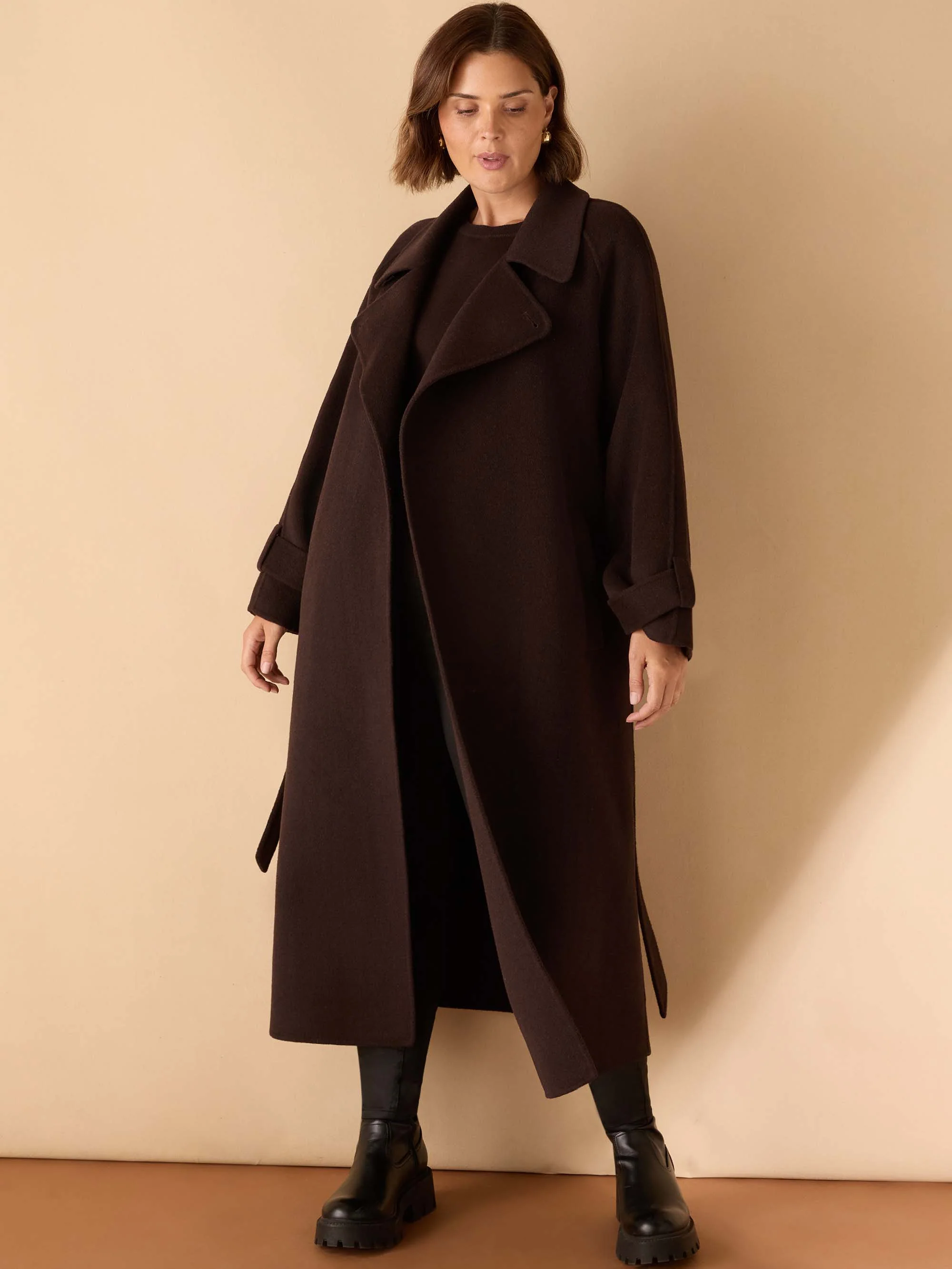 Chocolate Brown Wool Blend Belted Coat - Image 7