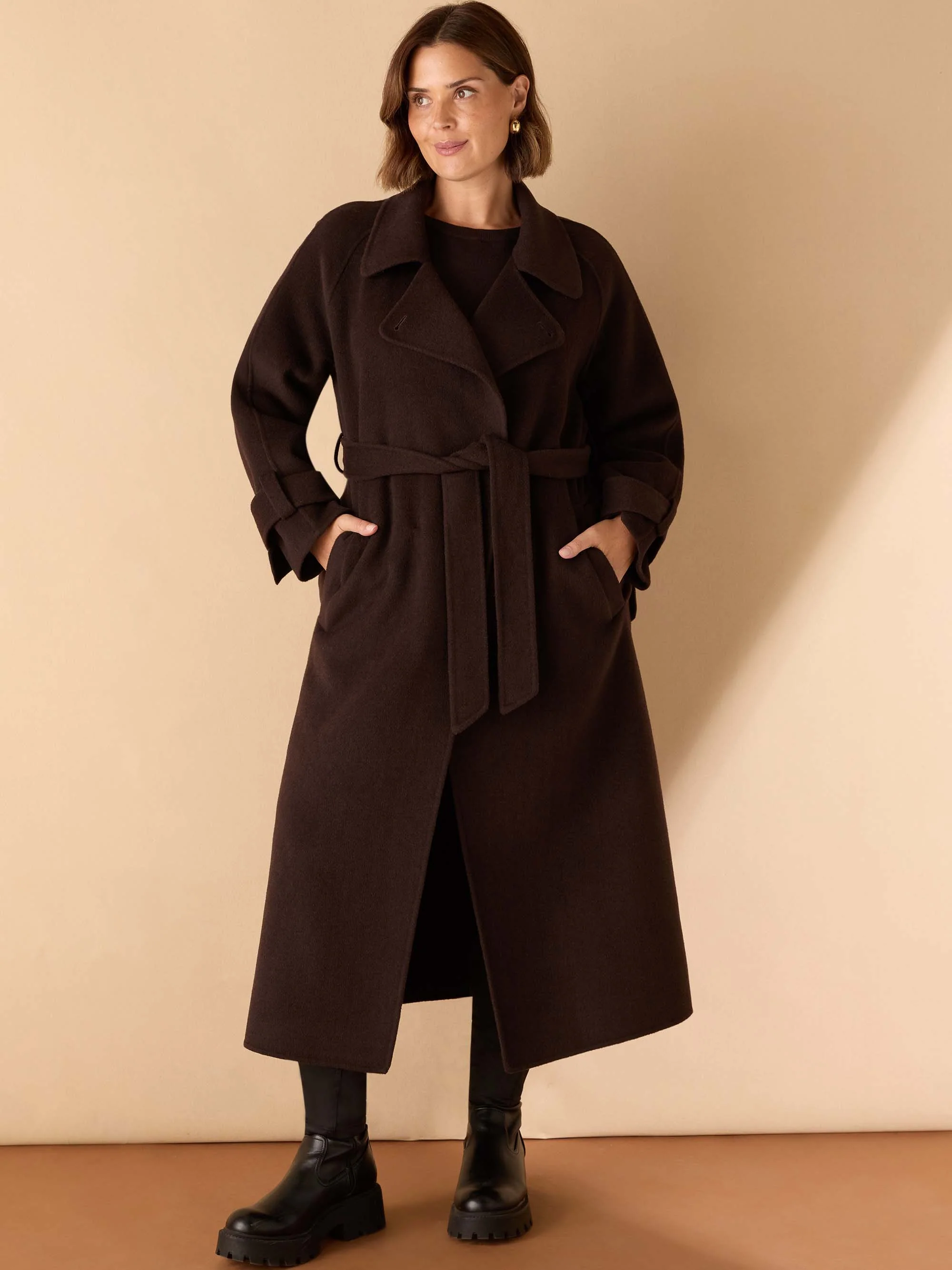 Chocolate Brown Wool Blend Belted Coat - Image 9