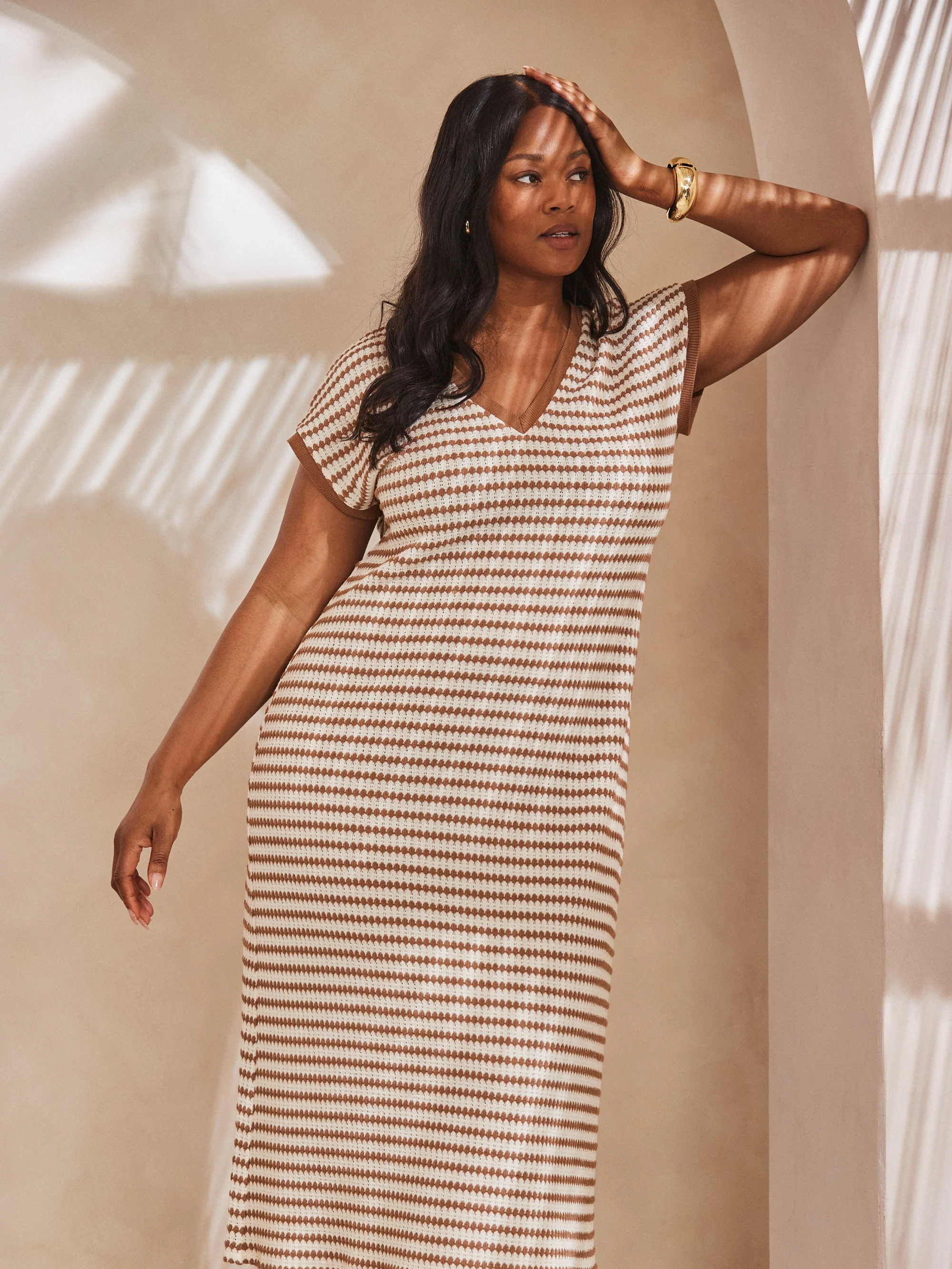 Contrast Stripe Crochet Dress With Rib Trim - Image 2