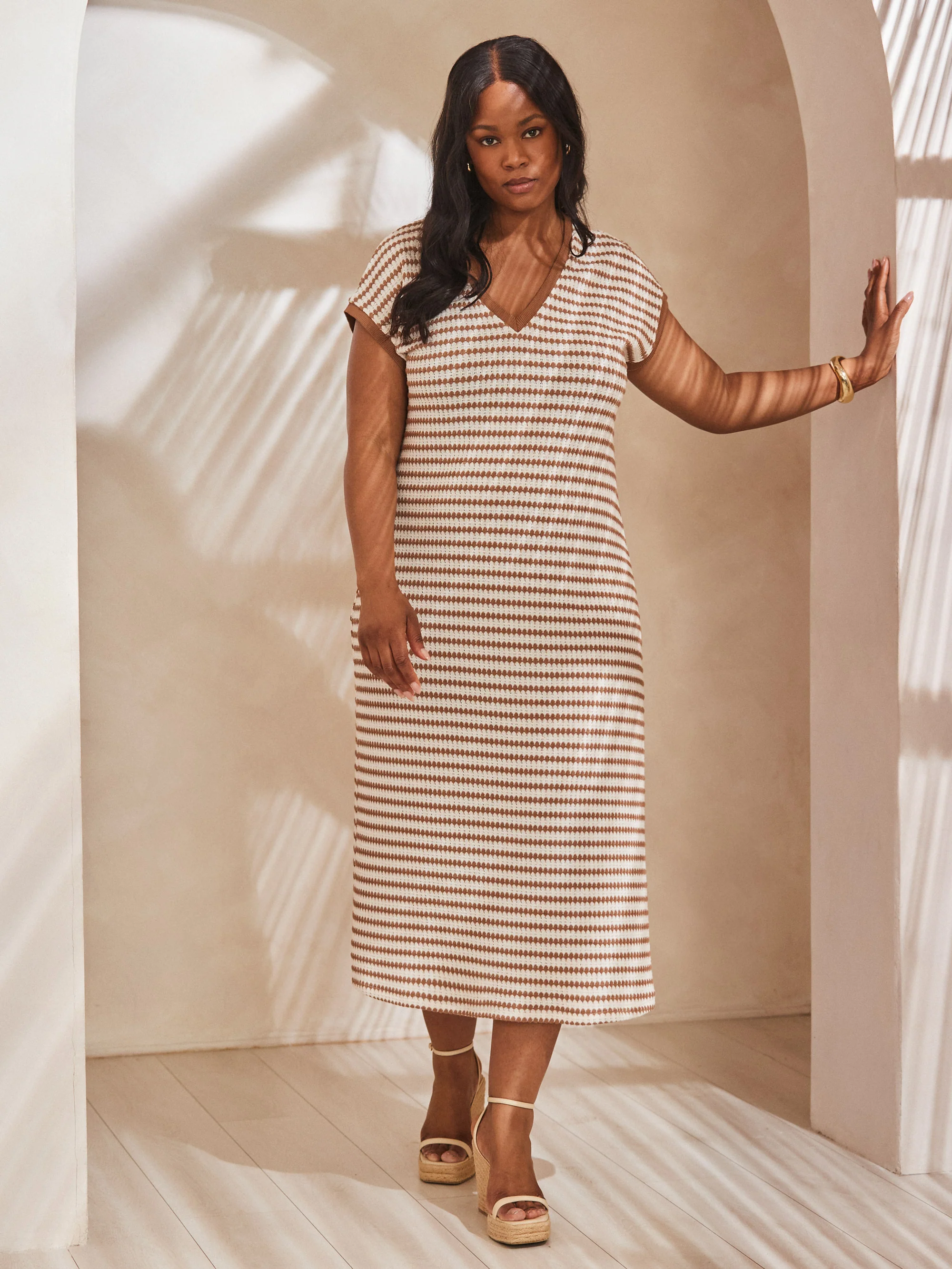 Contrast Stripe Crochet Dress With Rib Trim - Image 3
