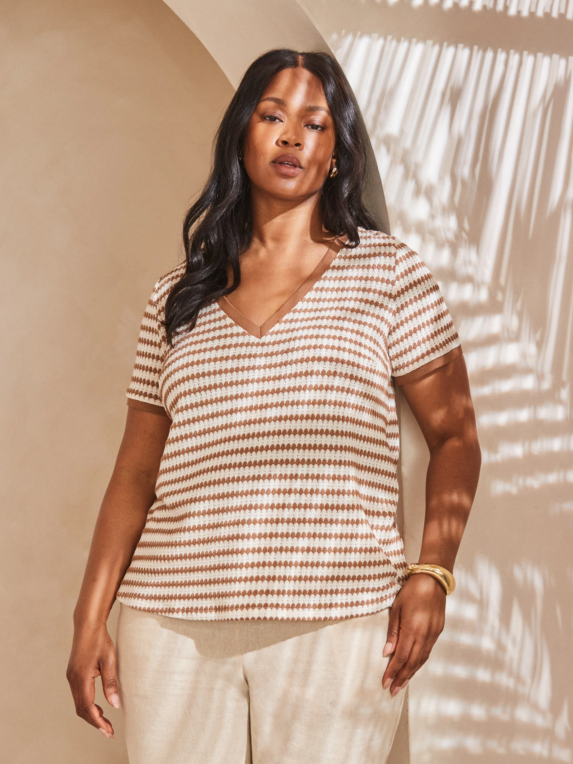 Contrast Stripe Crochet Top With Rib Trim - Image 2