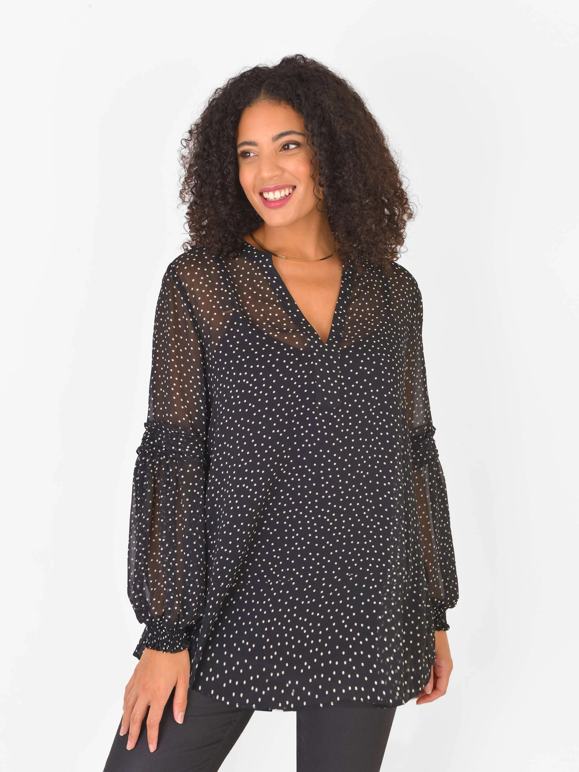 Black Spot Pleat Sleeve Blouse - Image 6