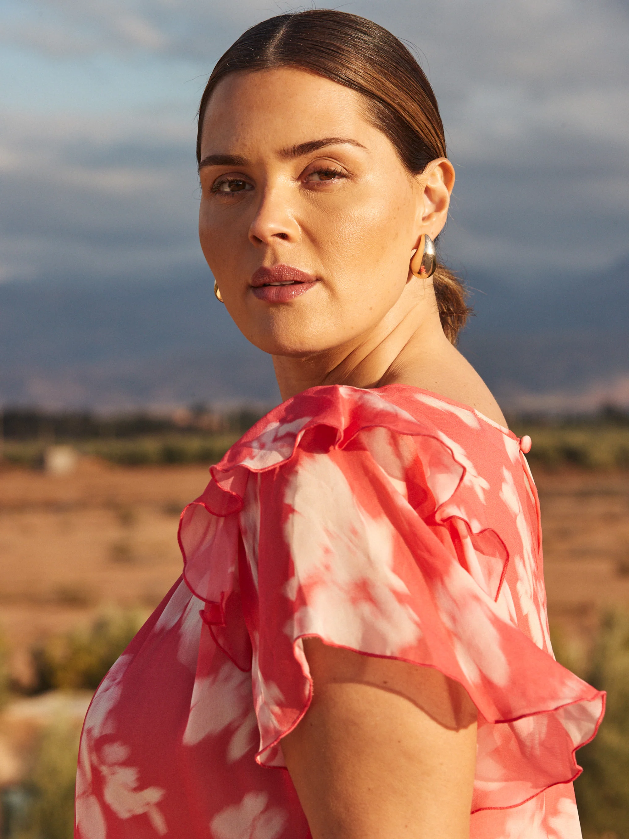 Coral Floral Print Ruffle Overlay Blouse - Image 2