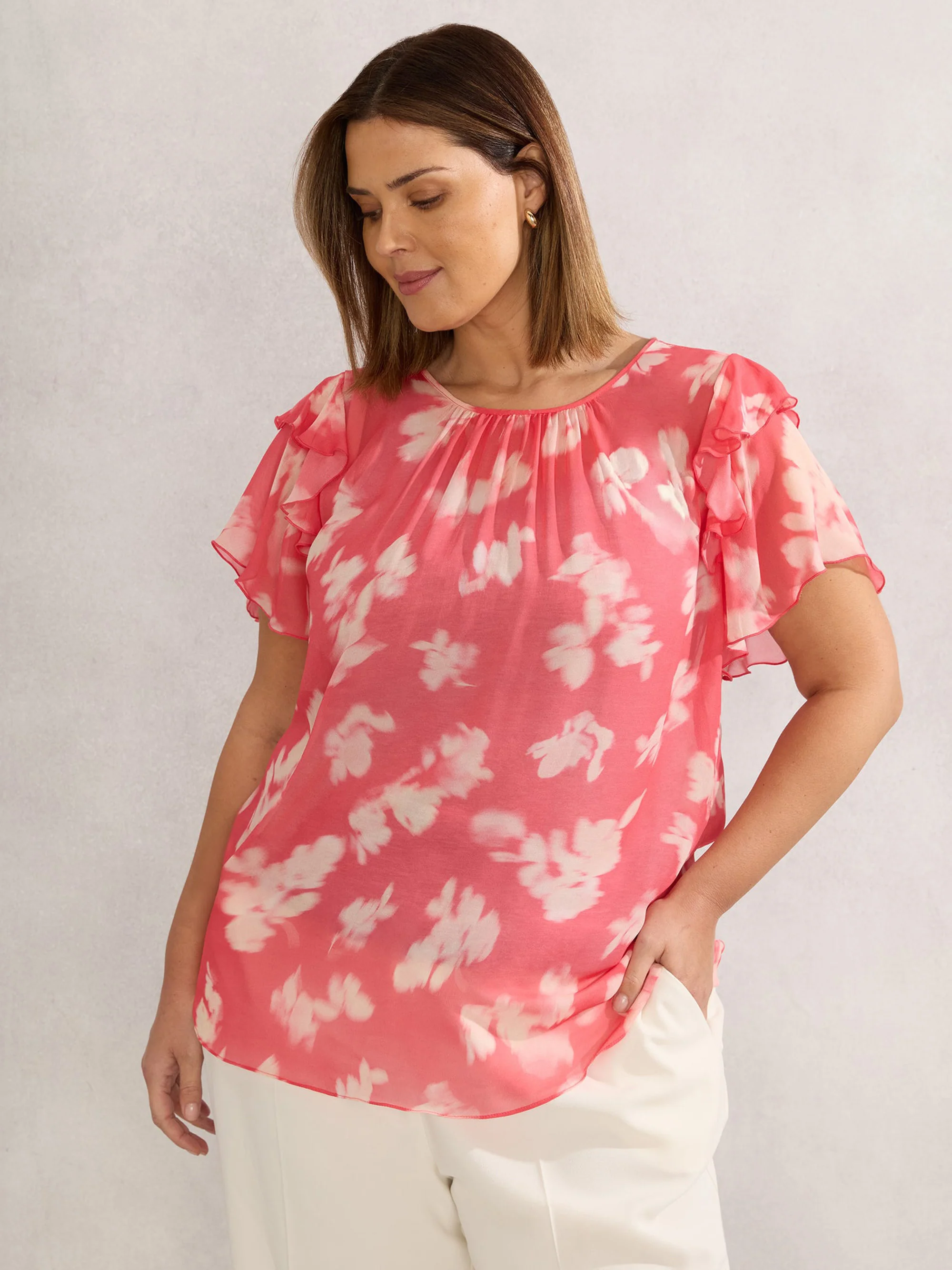 Coral Floral Print Ruffle Overlay Blouse - Image 3