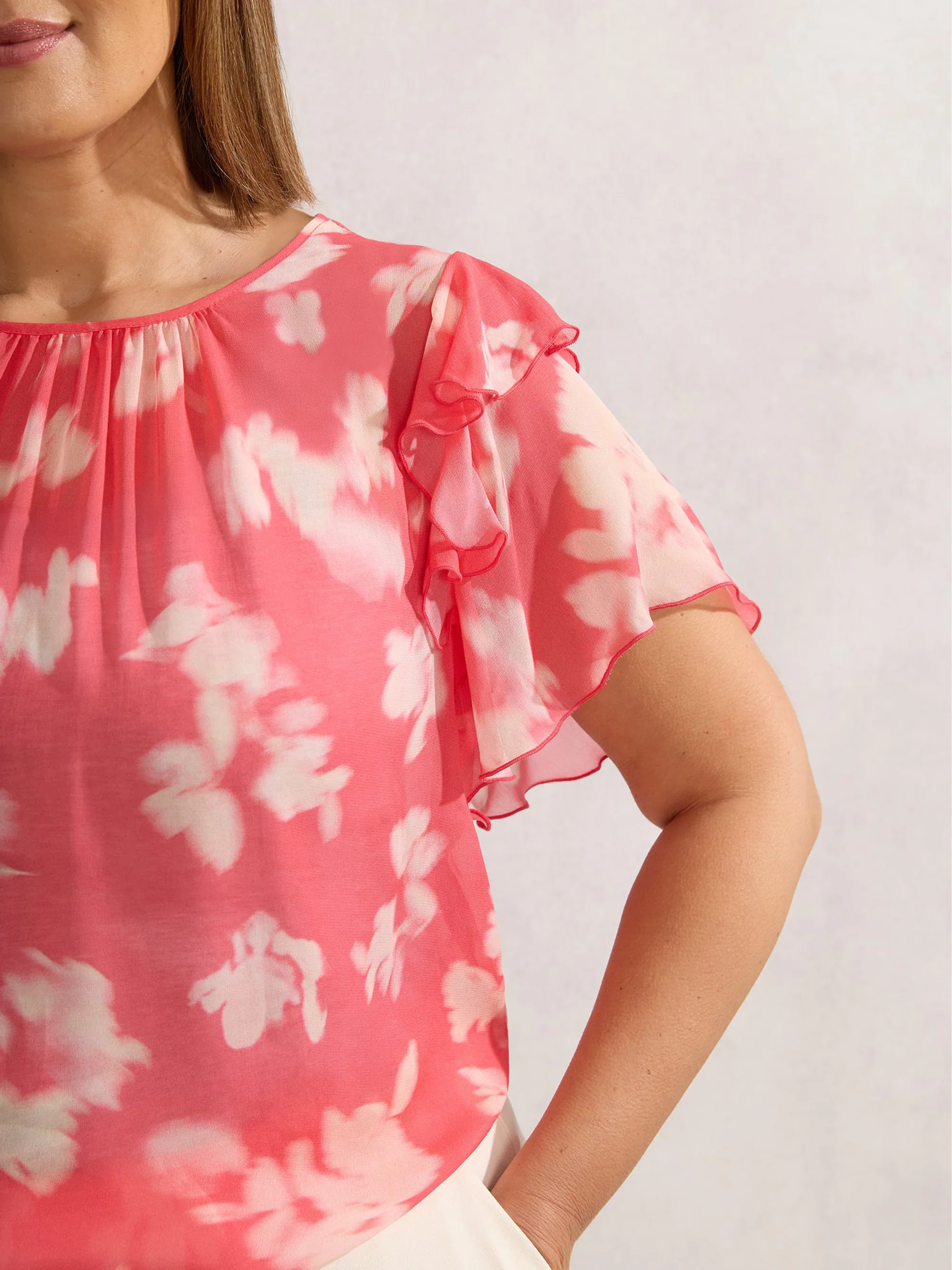 Coral Floral Print Ruffle Overlay Blouse - Image 4