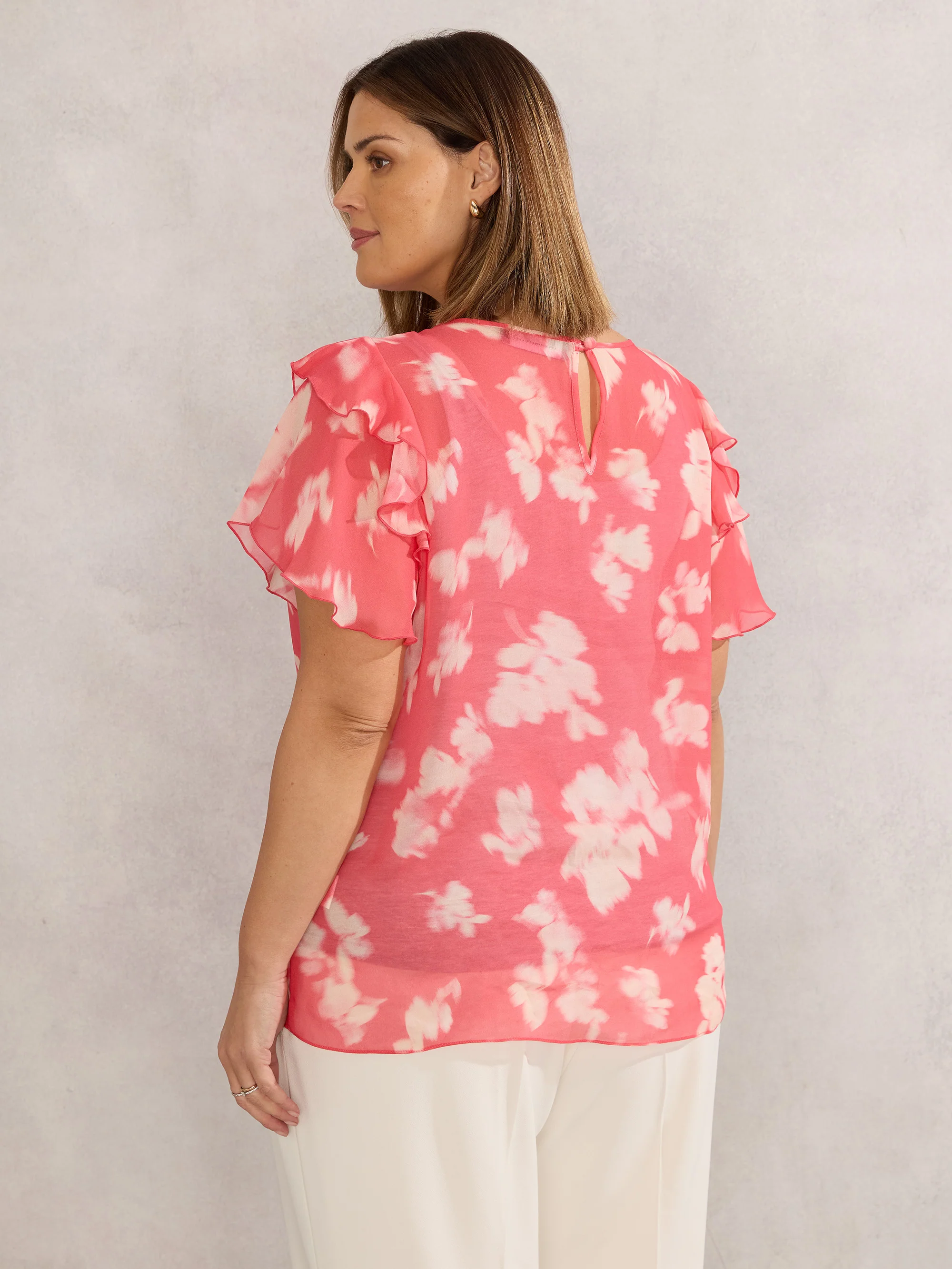 Coral Floral Print Ruffle Overlay Blouse - Image 5