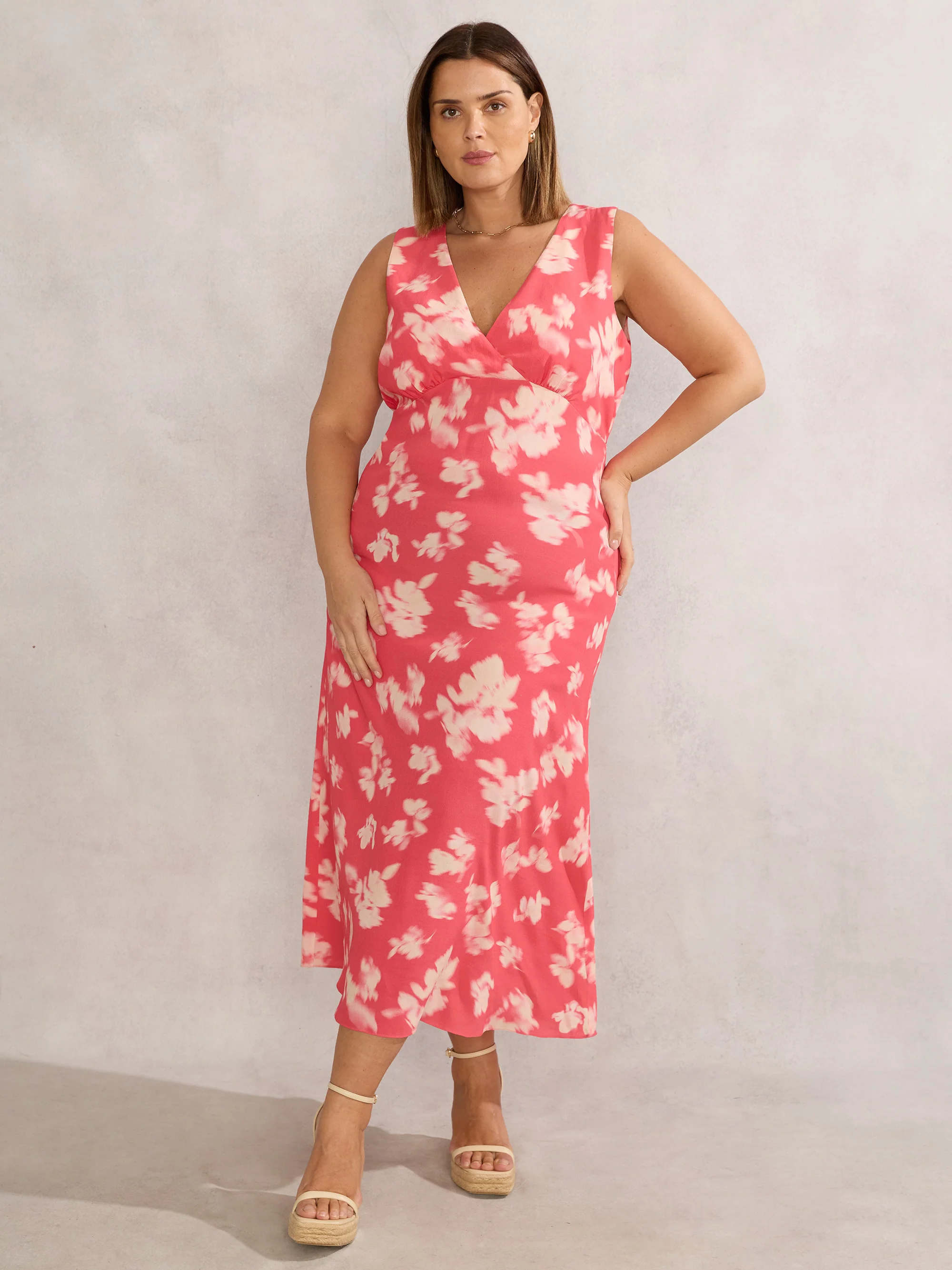 Coral Floral Print Sleeveless Midi Dress With Neck Scarf - Image 5