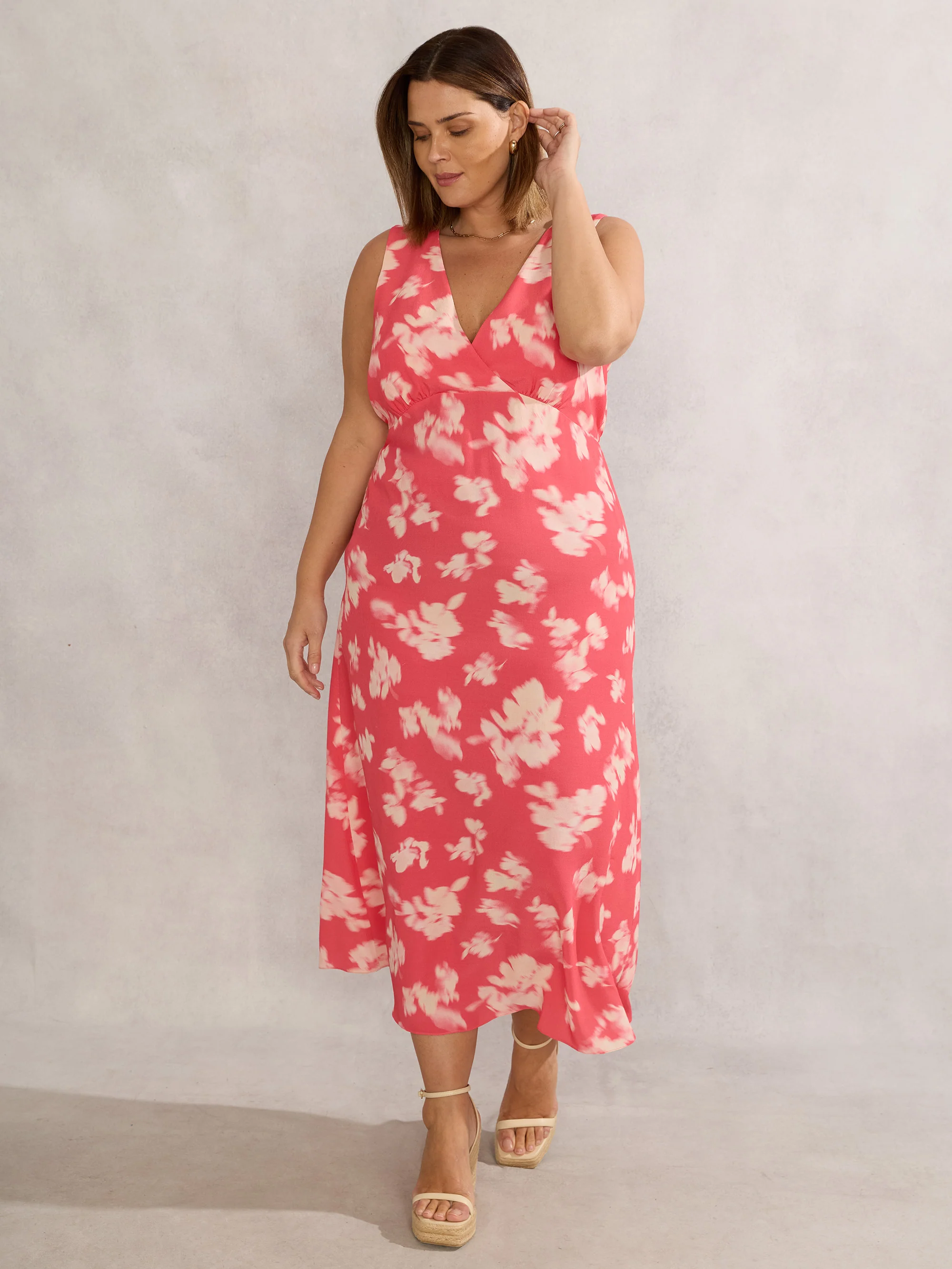 Coral Floral Print Sleeveless Midi Dress With Neck Scarf - Image 6