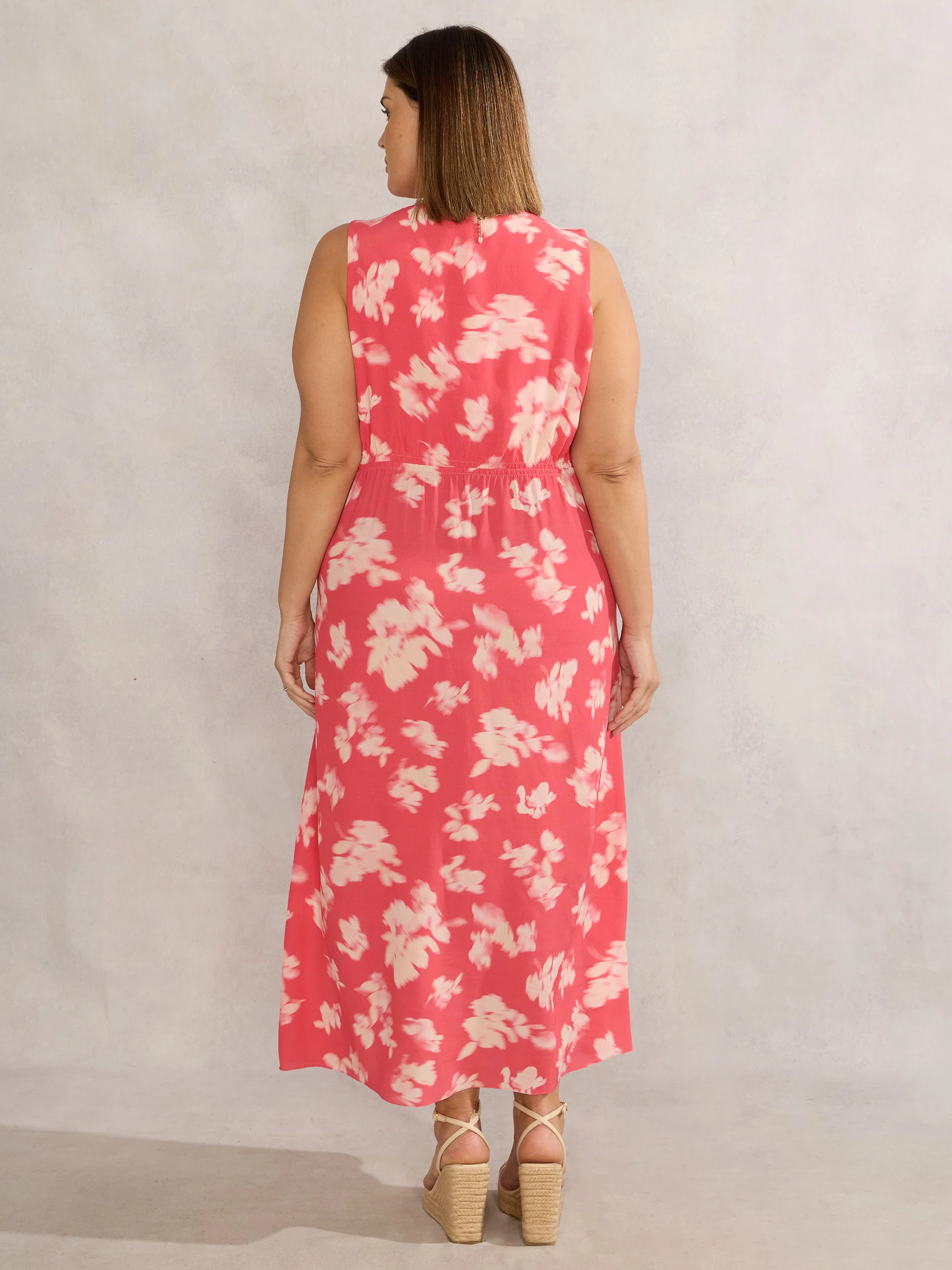 Coral Floral Print Sleeveless Midi Dress With Neck Scarf - Image 8
