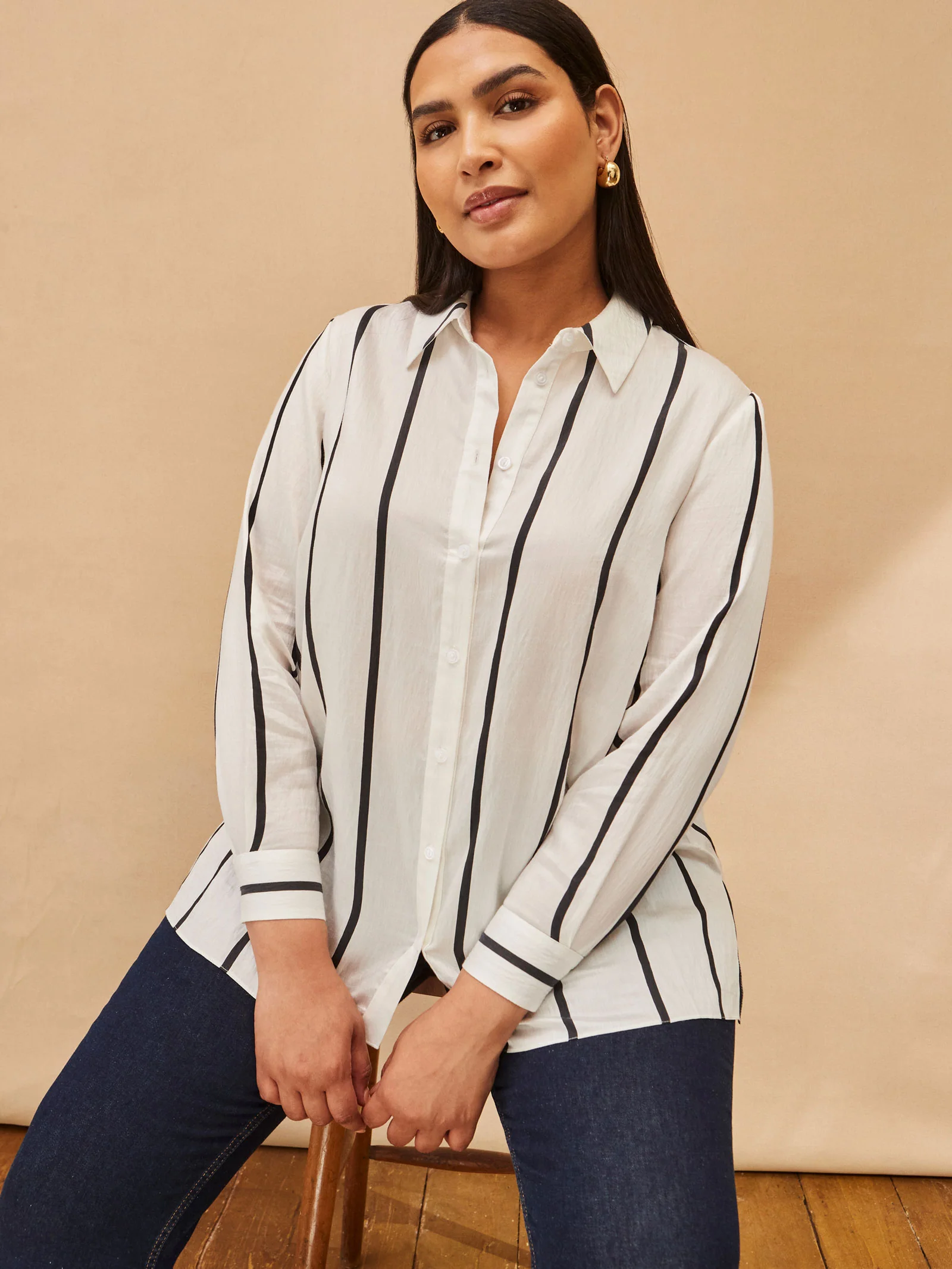 Cream And Black Stripe Long Sleeve Shirt - Image 5