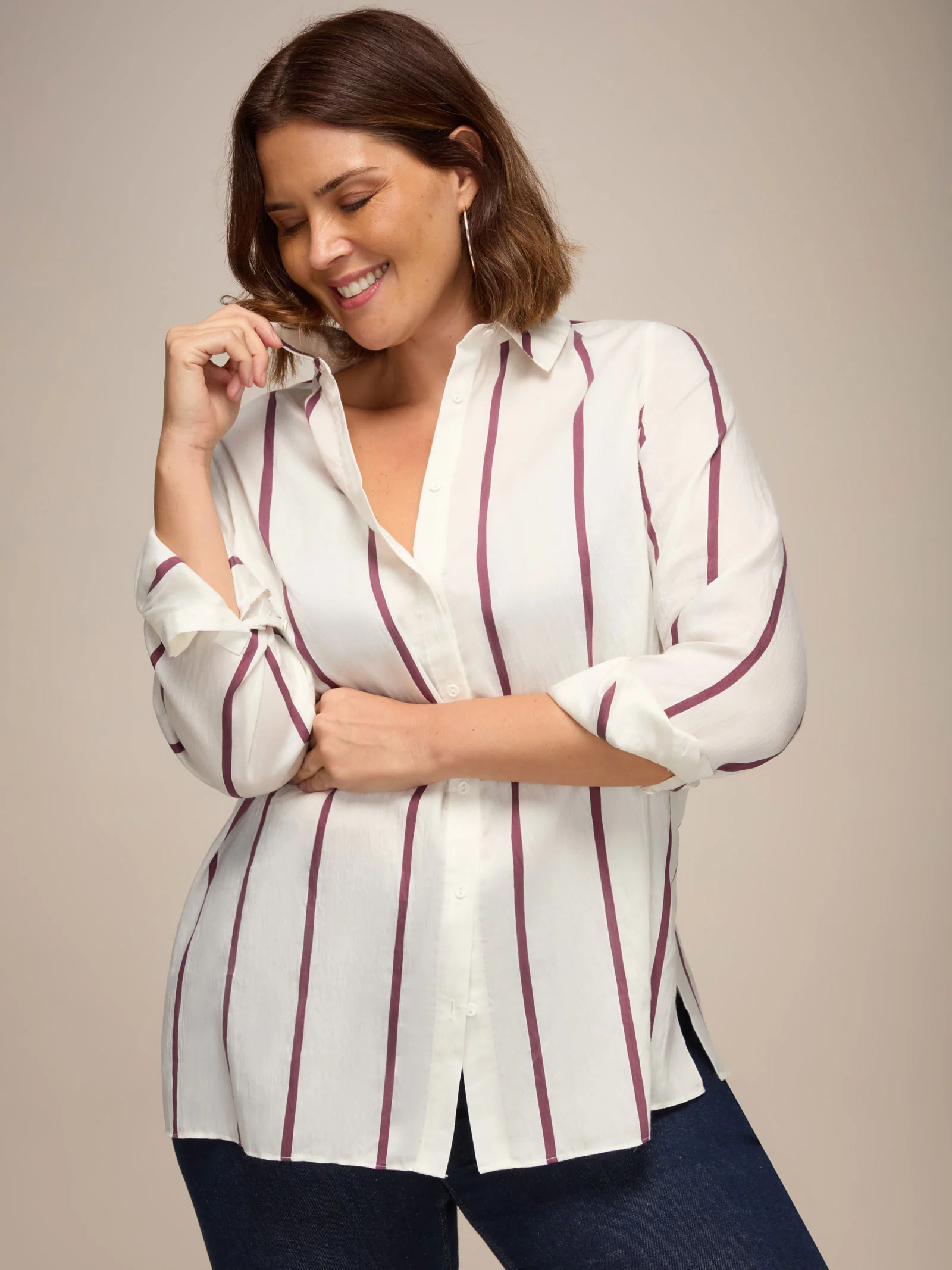 Cream And Burgundy Stripe Long Sleeve Shirt - Image 3