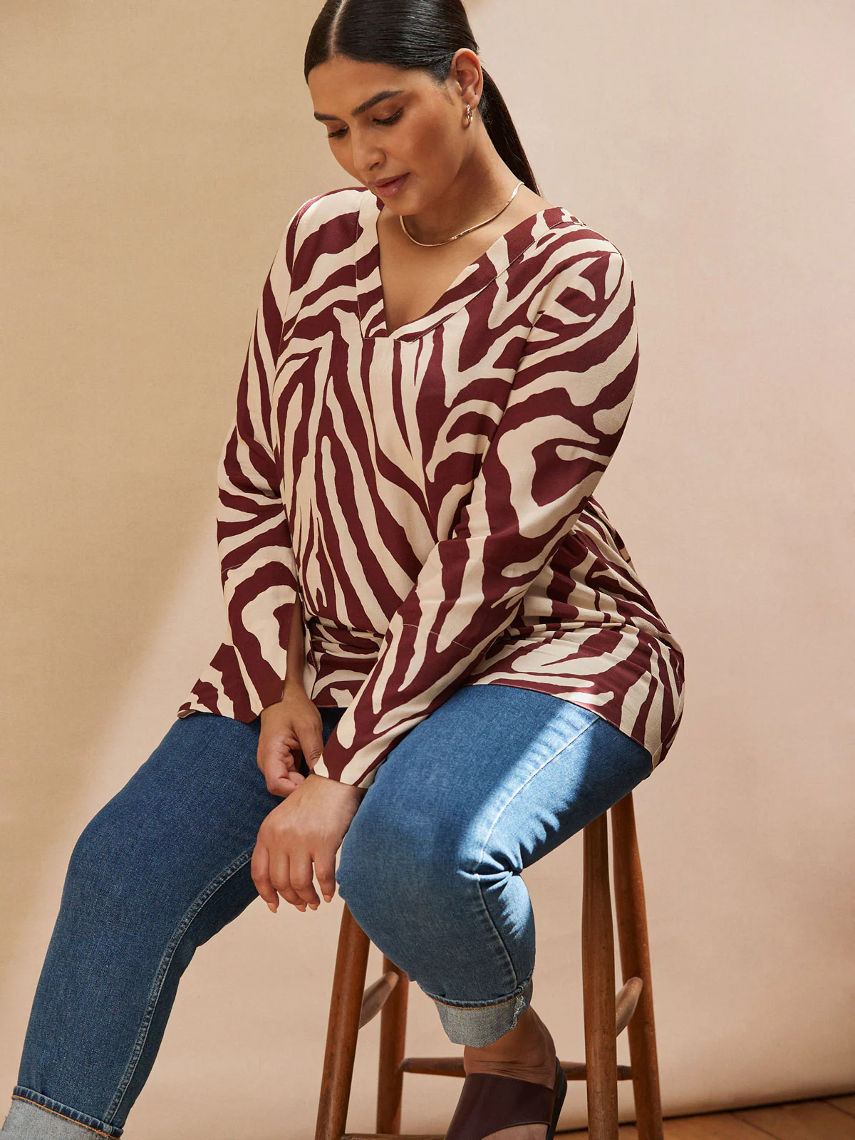 Chocolate Brown Animal Print Split Sleeve Detail Blouse - Image 2