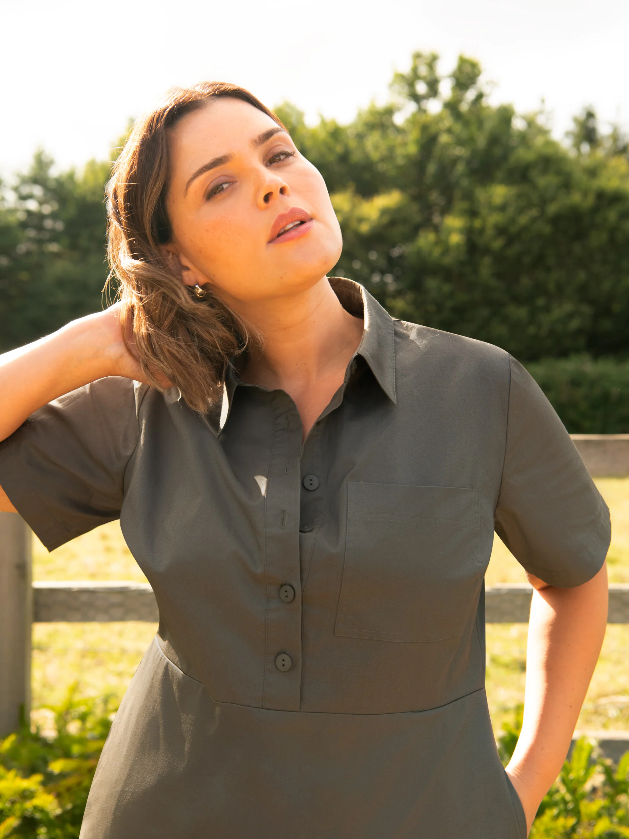 Khaki Green Cotton Utility Dress - Image 4